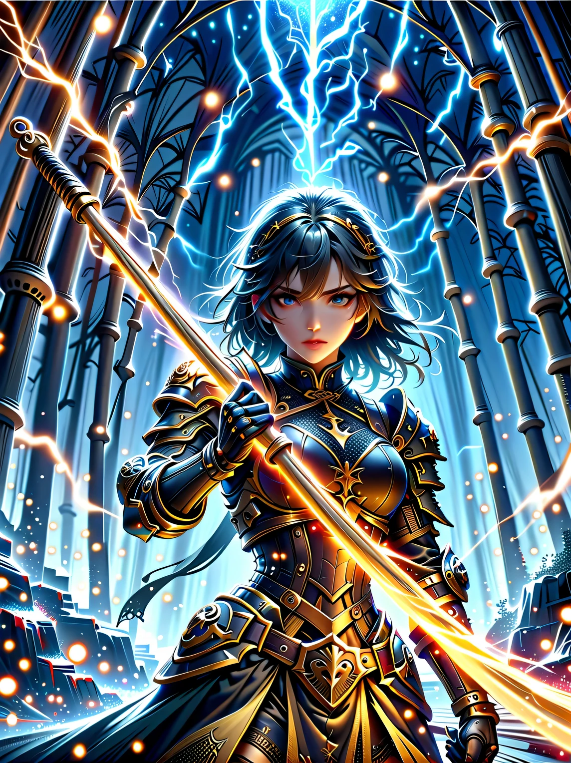 fantasy,forest scenery photo,Chinese martial arts style,Skin is moist and shiny,(Female warrior wearing pink and gold combat costume,Holding golden decoration and glowing long stick),(In a dense bamboo forest,Forest trails,night,thunderstorm,heavily clouded,rainwater:1.2),Chinese style,barbara(Genshin:0.5),Elsa(Frozen:0.5),(fine details:1.2),black hair,wavy hairstyle,light,sad,brown eyes,Symmetrical facial features,Delicate hands,Exquisite fingers,Combat attire,(masterpiece:1.2),(Epic composition:1.4),(talent:1.2),Super details,Highly detailed,Crazy details,(Realistic photos:1.2),HDR,8K,Exquisite,sharp,grace,Dreamy bright colors,high quality,illustration,Vector graphic design,Chinese ink style