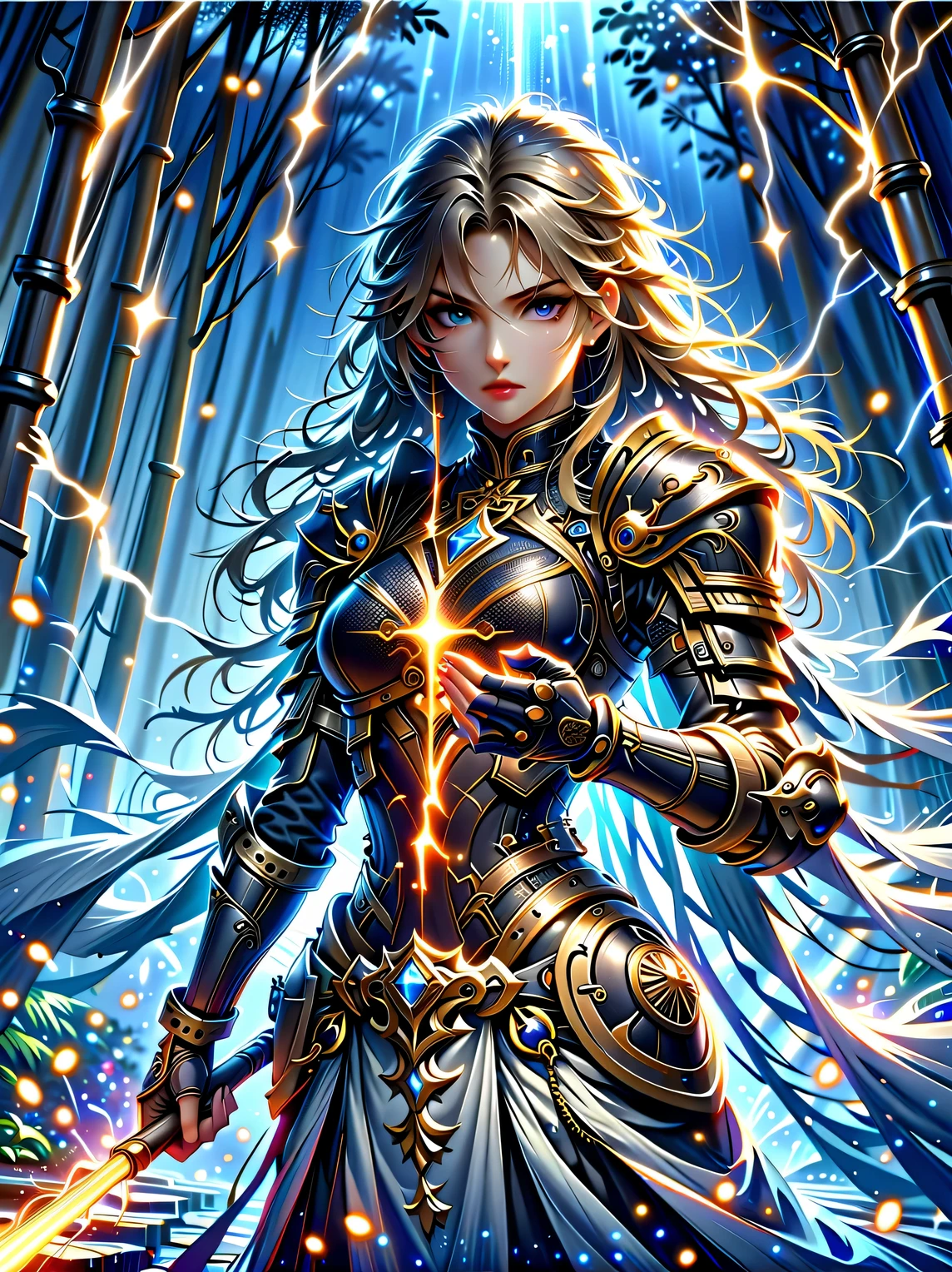 fantasy,forest scenery photo,Chinese martial arts style,Skin is moist and shiny,(Female warrior wearing pink and gold combat costume,Holding golden decoration and glowing long stick),(In a dense bamboo forest,Forest trails,night,thunderstorm,heavily clouded,rainwater:1.2),Chinese style,barbara(Genshin:0.5),Elsa(Frozen:0.5),(fine details:1.2),black hair,wavy hairstyle,light,sad,brown eyes,Symmetrical facial features,Delicate hands,Exquisite fingers,Combat attire,(masterpiece:1.2),(Epic composition:1.4),(talent:1.2),Super details,Highly detailed,Crazy details,(Realistic photos:1.2),HDR,8K,Exquisite,sharp,grace,Dreamy bright colors,high quality,illustration,Vector graphic design,Chinese ink style