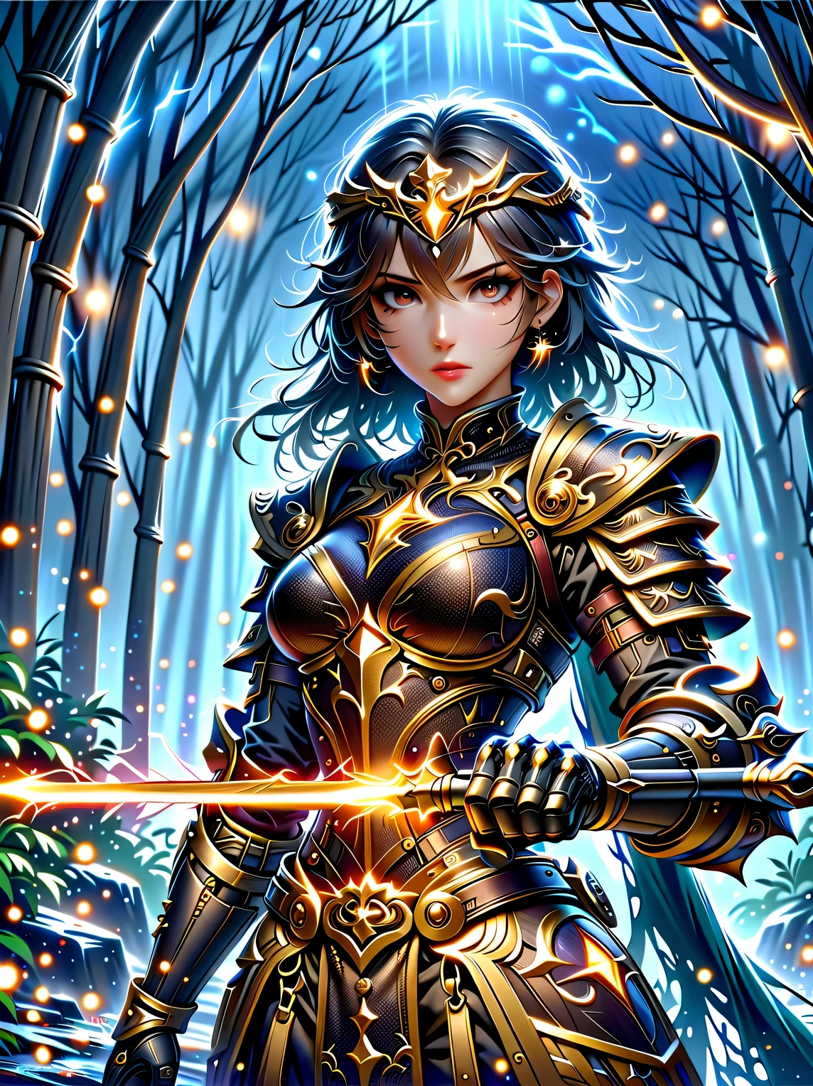 fantasy,forest scenery photo,Chinese martial arts style,Skin is moist and shiny,(Female warrior wearing pink and gold combat costume,Holding golden decoration and glowing long stick),(In a dense bamboo forest,Forest trails,night,thunderstorm,heavily clouded,rainwater:1.2),Chinese style,barbara(Genshin:0.5),Elsa(Frozen:0.5),(fine details:1.2),black hair,wavy hairstyle,light,sad,brown eyes,Symmetrical facial features,Delicate hands,Exquisite fingers,Combat attire,(masterpiece:1.2),(Epic composition:1.4),(talent:1.2),Super details,Highly detailed,Crazy details,(Realistic photos:1.2),HDR,8K,Exquisite,sharp,grace,Dreamy bright colors,high quality,illustration,Vector graphic design,Chinese ink style