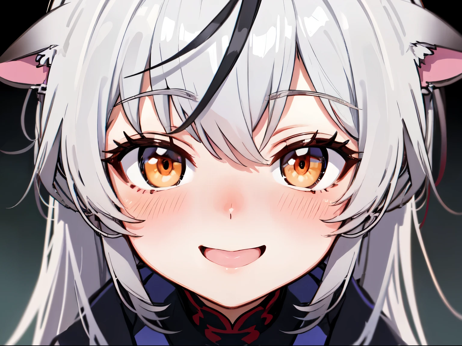 masutepiece, top-quality, ultra-details, Solo Focus, 
(1KOKONA, open arms for viewer), 
pigeon toed, 
, White hair, Orange Eye, Smile:0.8, blush:1.3, 
Black clothes, Black jacket, White skirt, 
(From-front-above, Close-up Face:1.4),