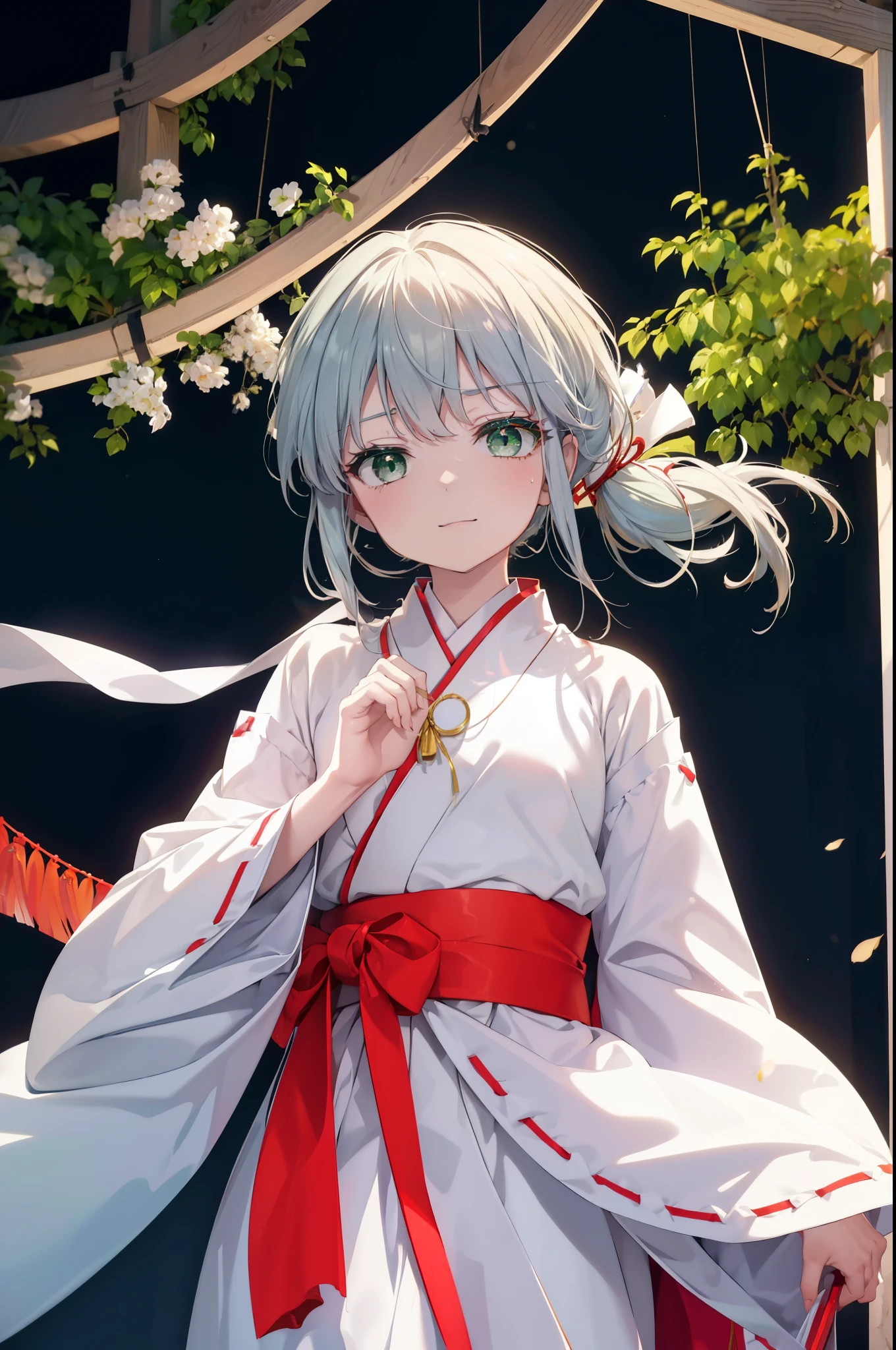 index, index, (green eyes:1.5), silver hair, long hair, (flat chest:1.2),Smile, smile, open your mouth,Platycodon,Miko,white kimono, red hakama,kimono, same as skirt, wide sleeve, long sleeve, ribbon trim sleeves,
low ponytail, noon,watching sunny viewers, Are standing,
break looking at viewer, Upper body, whole body,
break outdoors, shrine,torii,
break (masterpiece:1.2), highest quality, High resolution, unity 8k wallpaper, (figure:0.8), (detailed and beautiful eyes:1.6), highly detailed face, perfect lighting, Very detailed CG, (perfect hands, perfect anatomy),