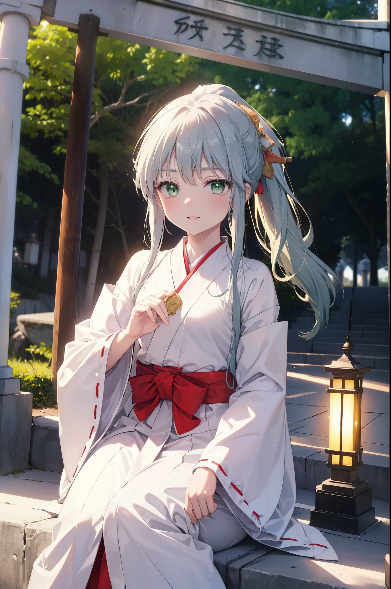 index, index, (green eyes:1.5), silver hair, long hair, (flat chest:1.2),Smile, smile, open your mouth,Platycodon,Miko,white kimono, red hakama,kimono, same as skirt, wide sleeve, long sleeve, ribbon trim sleeves, 
 low ponytail, noon,watching sunny viewers, Are standing, 
break looking at viewer, Upper body, whole body,
break outdoors, shrine,torii,
break (masterpiece:1.2), highest quality, High resolution, unity 8k wallpaper, (figure:0.8), (detailed and beautiful eyes:1.6), highly detailed face, perfect lighting, Very detailed CG, (perfect hands, perfect anatomy),