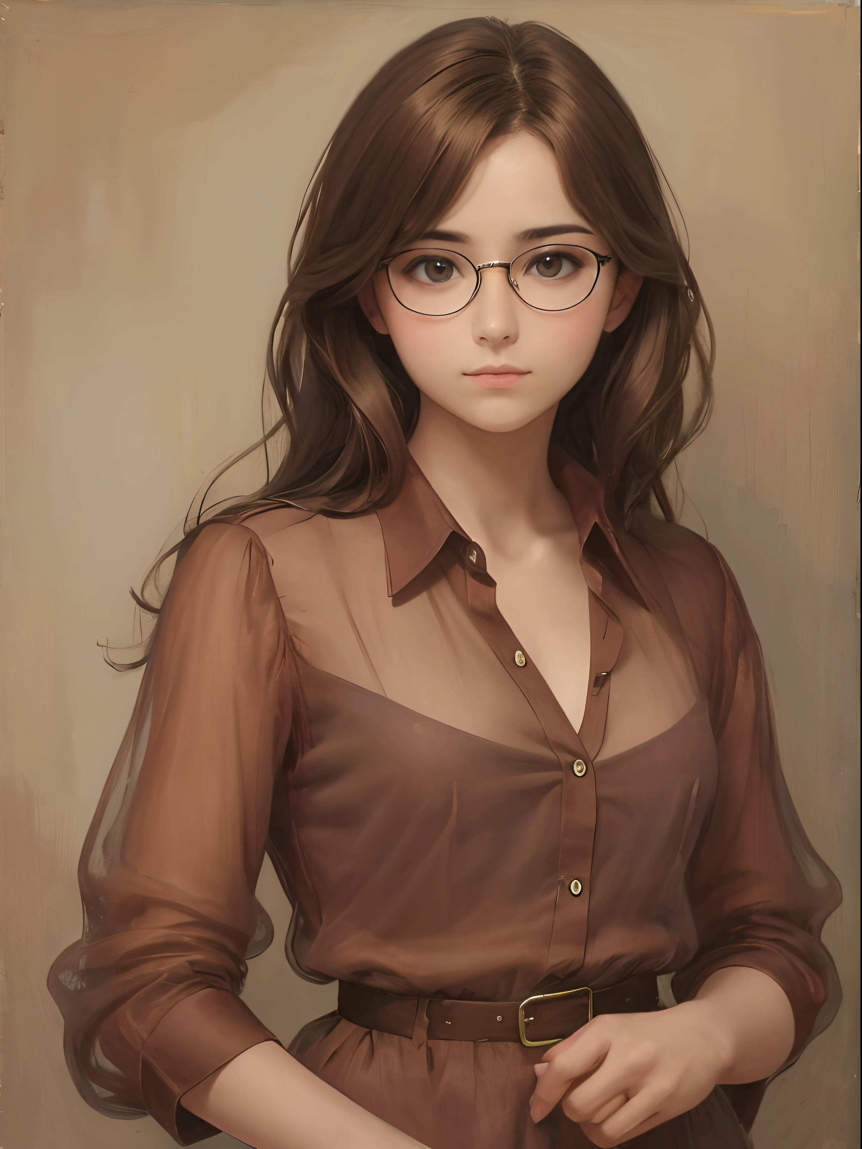 1 girl, Beautiful teenage girl, extremely small breasts, short wavy brown hair, brown eyes, Glasses, portrait of, oil paint, contemporary, Sheer silk blouse with top button undone, realistic proportions, Complex, Complex詳細, sharp focus
