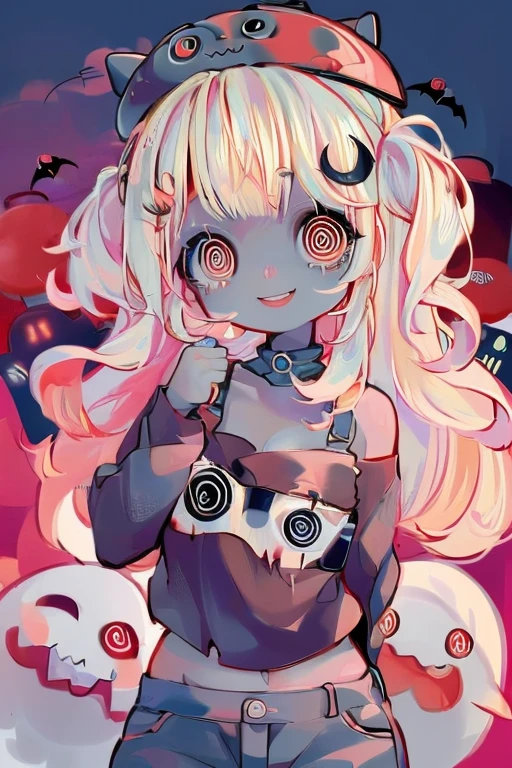 cute, kawaii,solo, 1 girl,smile,hair floating,hair color blond,zombie,ghost,skin color blue,eyes red,red eyes shining,big eyes,damaged clothes,tube top,hot pants,at night,red moon in the sky,outside,city,smile,bust up,halloween style,