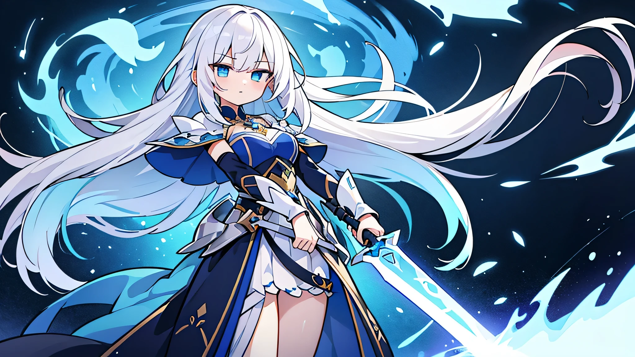 fantasy world, 1 girl, white hair, long hair, blue fire power, 1 long sword, blue eye, blue fire power