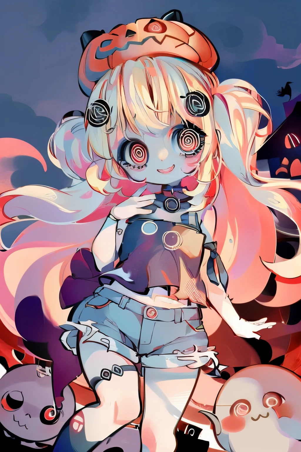 cute, kawaii,solo, 1 girl,smile,hair floating,hair color blond,zombie,ghost,skin color blue,eyes red,red eyes shining,big eyes,damaged clothes,tube top,hot pants,at night,red moon in the sky,outside,city,smile,bust up,halloween style,