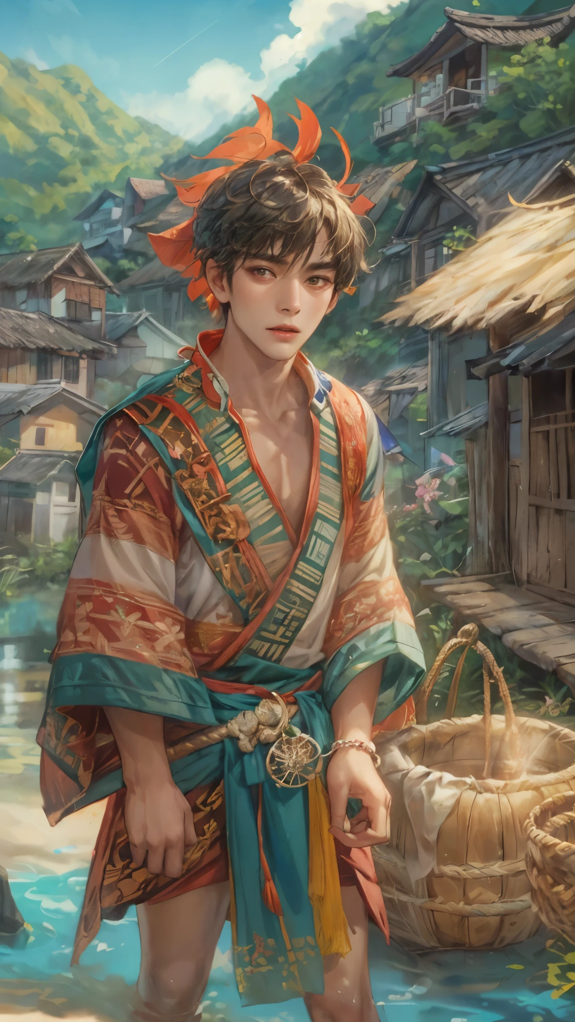 (masterpiece,best quality,ultra_detailed,highres,absurdres), close-up , perfect face, handsome boy, shorthair, ifugao teen, topless in Philippine ethnic costume, detailed festival in town scenery, scenery of town Philippines style, detailed character