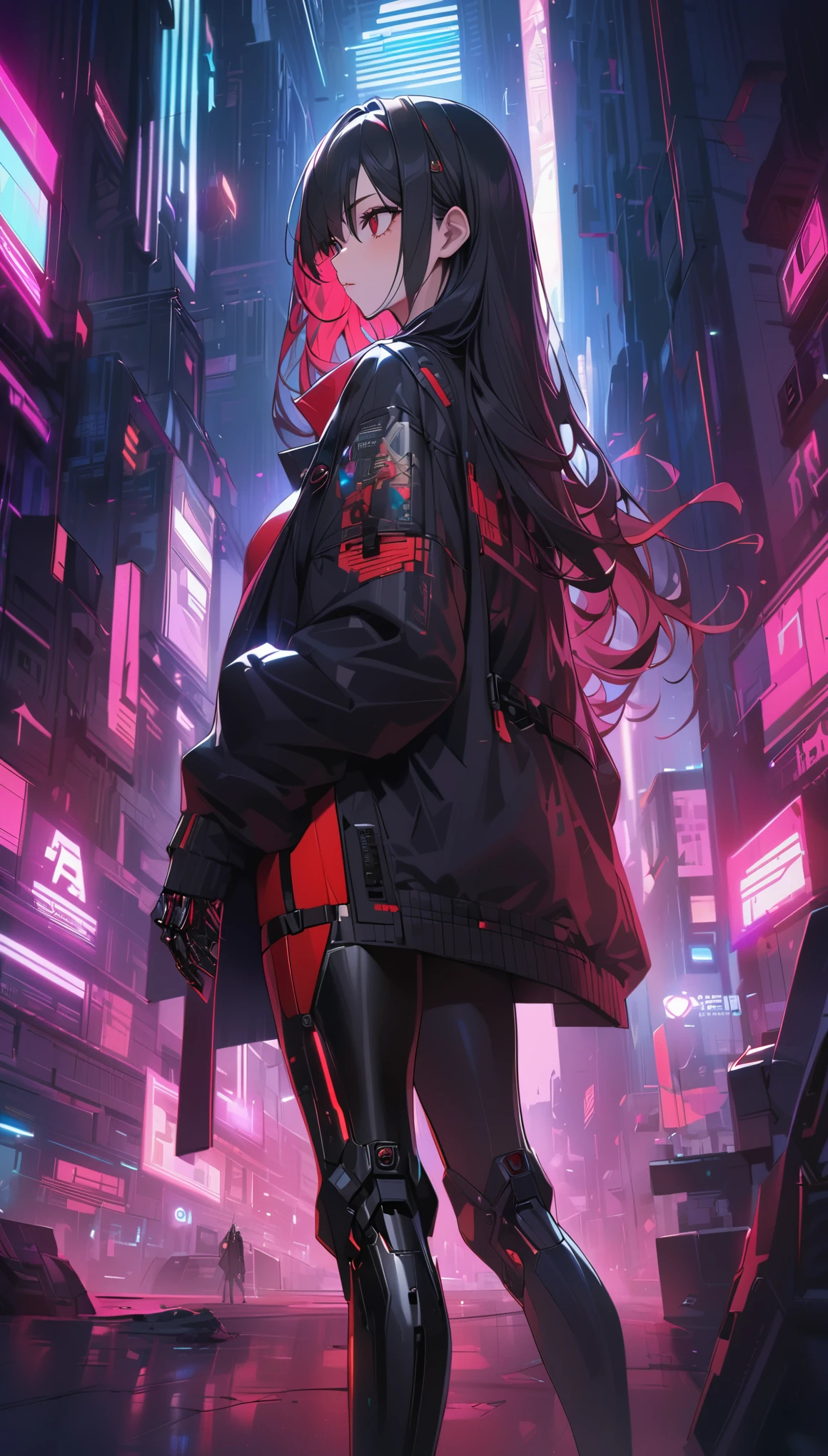 a pretty woman, longhair, belt, black hair, super delicate hair, detailed hair, black long coat, dark red eyes, looking to the side, cyberpunk, prosthetic hand, prosthetic leg, cool, ultra detailed, 8k, masterpiece