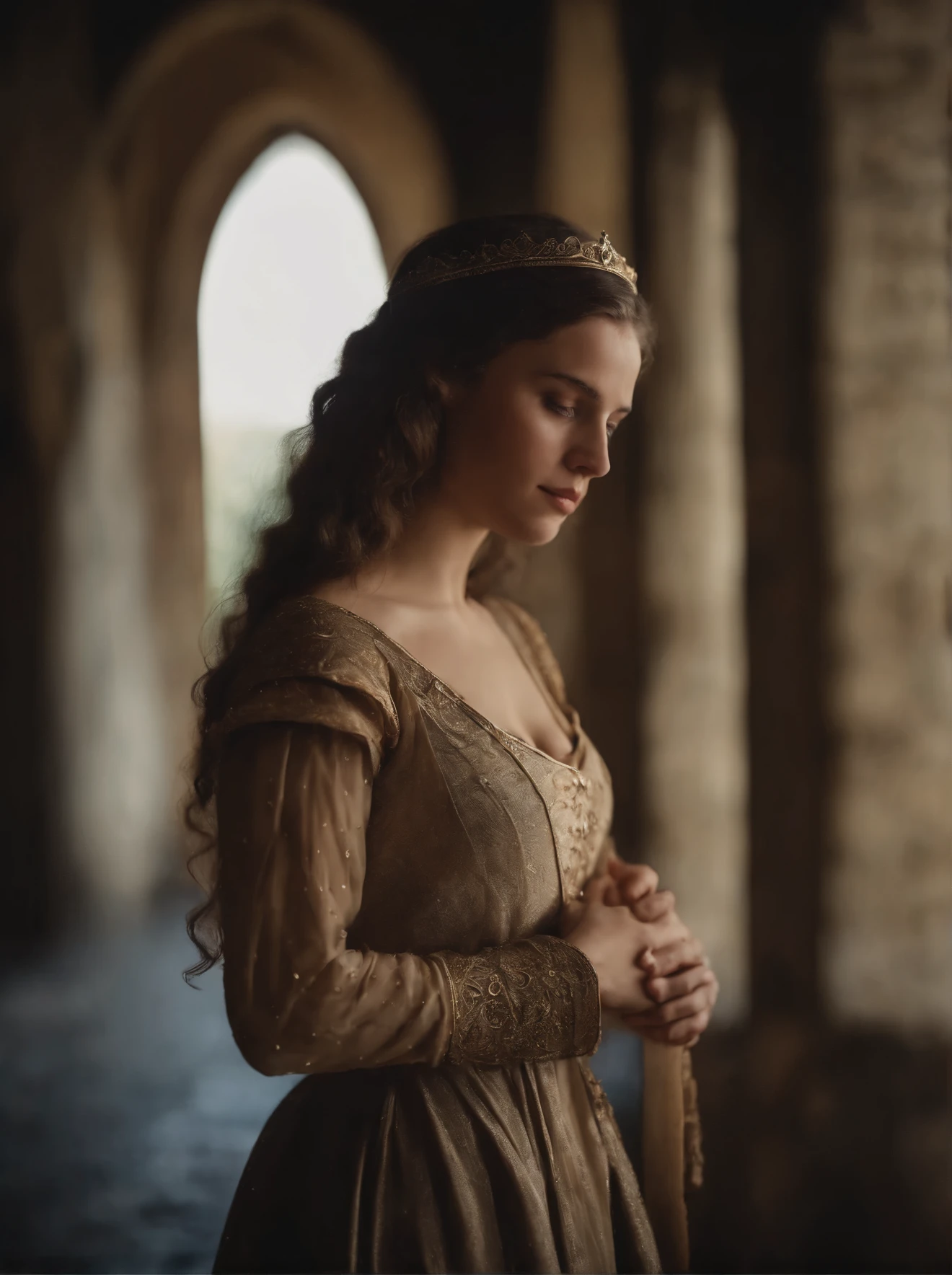 mulher, 19 anos, Loire, vestido medieval, peitos grandes, decote.