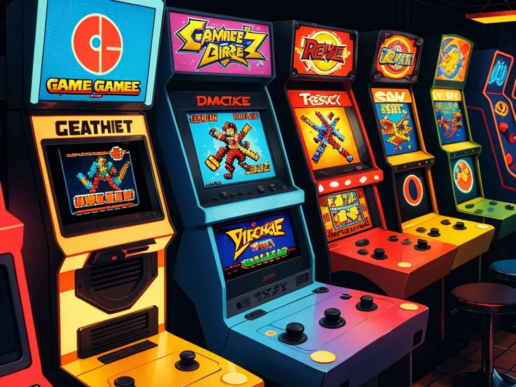 a retro arcade cabinet, vibrant pixel art, nostalgic background music, immersive gameplay, iconic characters, classic 8-bit sound effects, vivid colors, joystick and buttons, high score leaderboard, pixelated graphics, vintage aesthetics, arcade ambiance, retro gaming nostalgia, neon lights, arcade tokens, 2-player mode, retro game cartridges, joystick movements, old-school gaming experience, arcade crowd, arcade cabinets lined up, CRT screen flickering, game over screen, power-ups, challenging levels, retro game cabinet artwork, button mashing, arcade coin slot