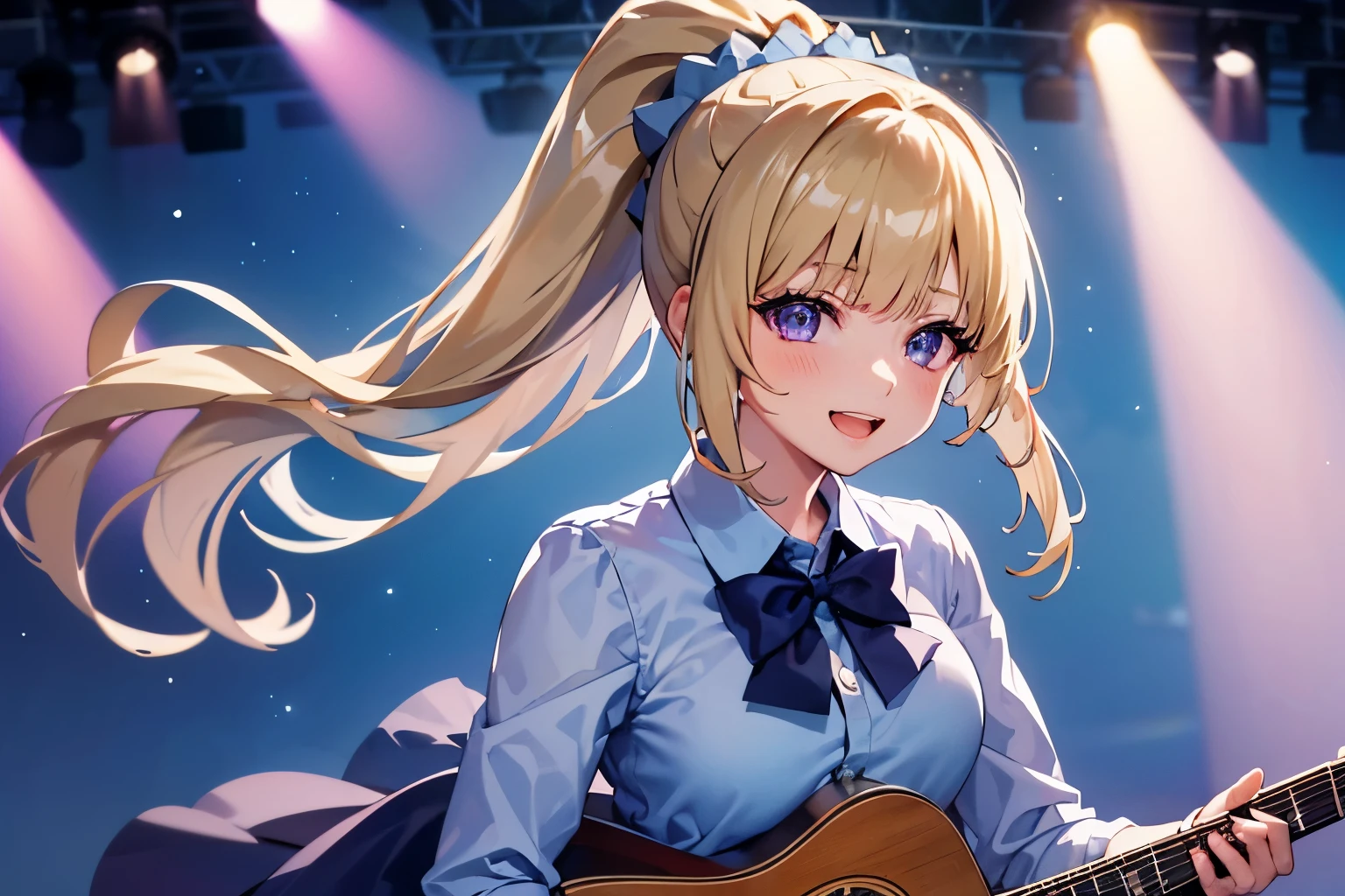 hight resolution, top-quality, ultra-quality, The ultra-detailliert, perfect anatomy, lighting like a movie, a girl ( Kei Karuizawa) singing in stage, blonde hair with ponytail hairstyle and Violet eyes, long shot POV, looking at viewer, spotlight lightning, play guitar, good mood, mic stands, smiling 