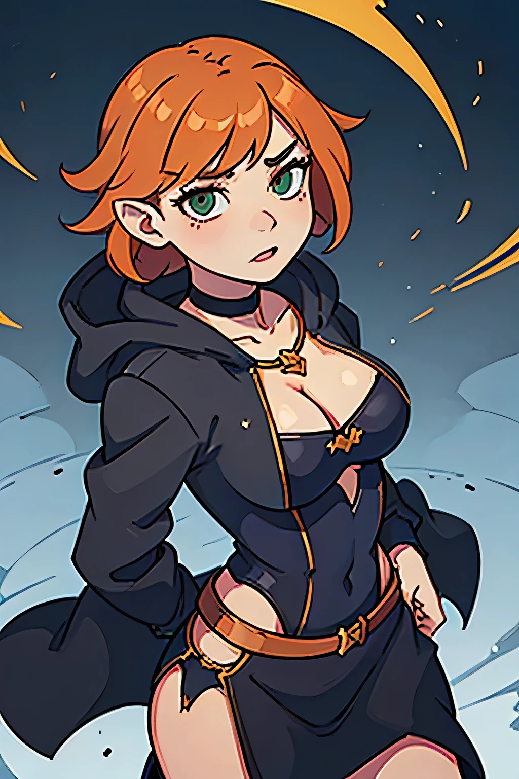 (((masterpiece))), (((best quality))), illustration, single character, game character, rpg character, female character, female necromancer, dark blue dress with golden details, leather bracers. huge cleavage, gemmed necklace. side butt. wide hips. up turned hips. Side hips exposed. wavy short hair. orange short hair, slightly pointy ears, yellowgreen eyes, evil face. attittude woman. open hooded black cloak. copper colored hair. aggressive posing. spell casting. dungeon background, flat color background, anime character, 8k, awesome quality