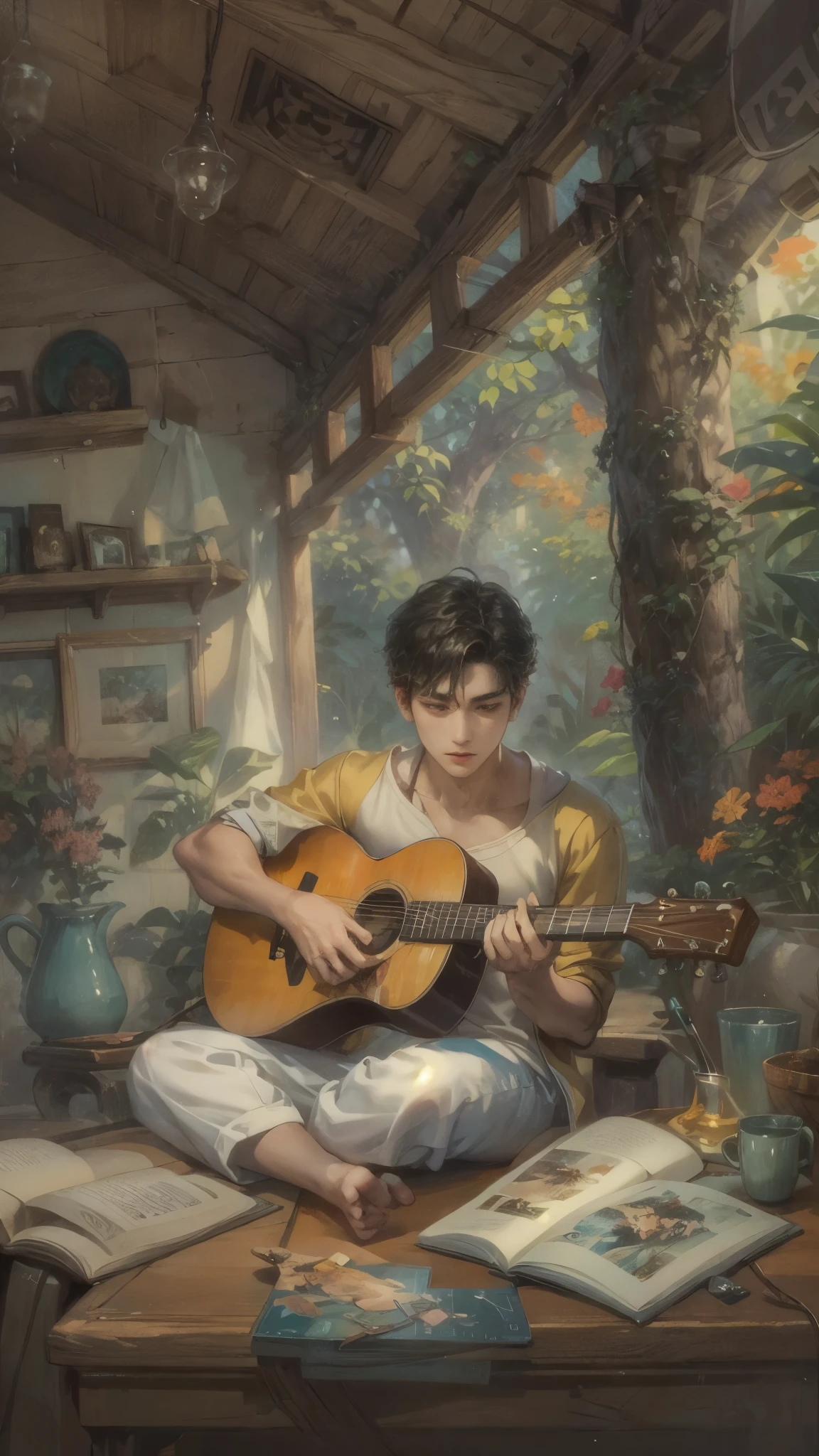 ((Best quality)), ((masterpiece)), (detailed), ((perfect face)), ((halfbody)) handsome young artist, filipino guy engaging in various activities topless within his cozy home nestled in a serene forest. Capture moments of his daily life, such as painting, reading, playing a musical instrument, or enjoying a cup of tea, as he explores his creativity and self-discovery, all while surrounded by the warmth and comfort of his sanctuary