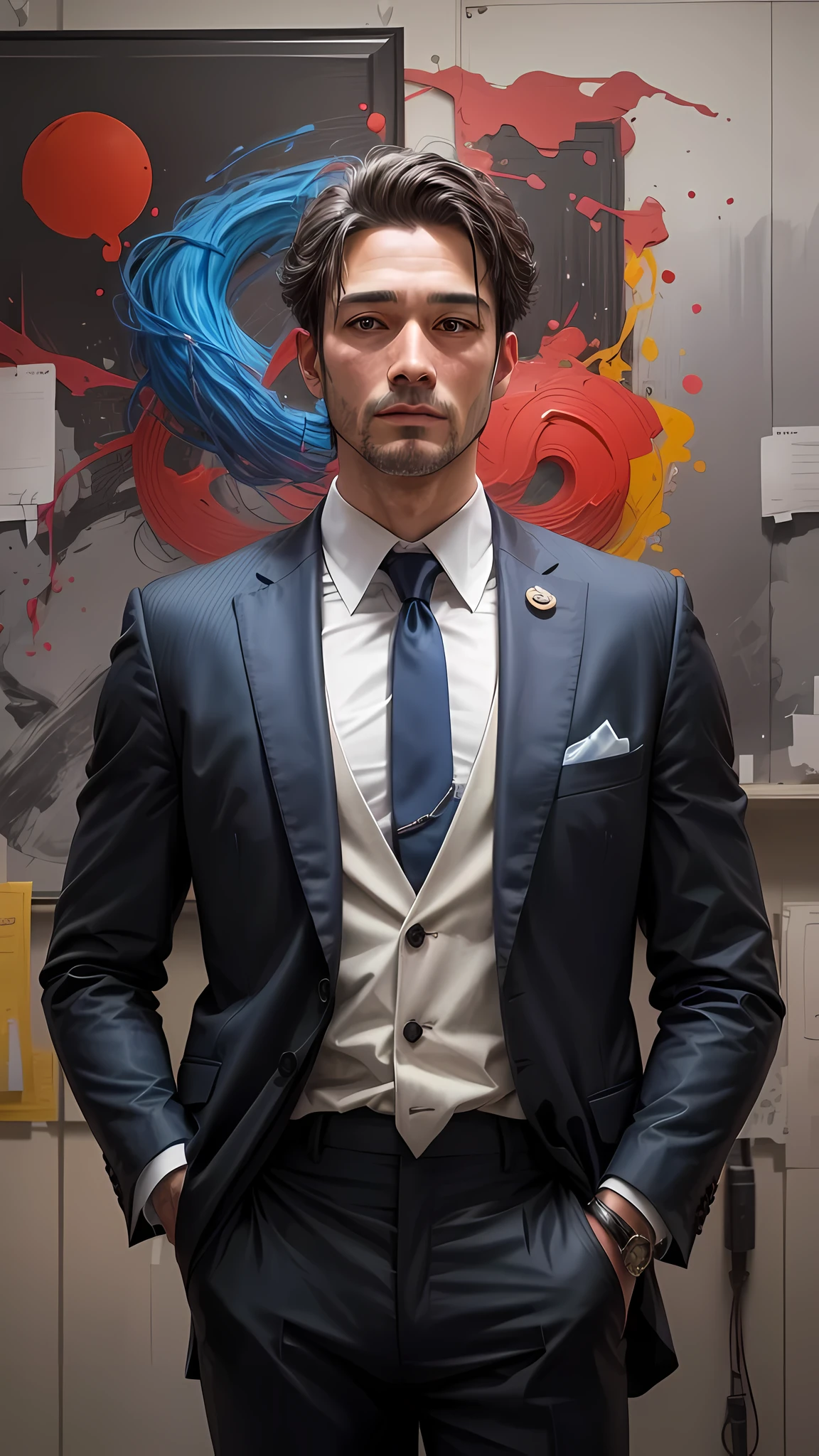 Oil painting, a man of approximately 40 years old, in suit and tie looking in front of the camera and hands in pocket