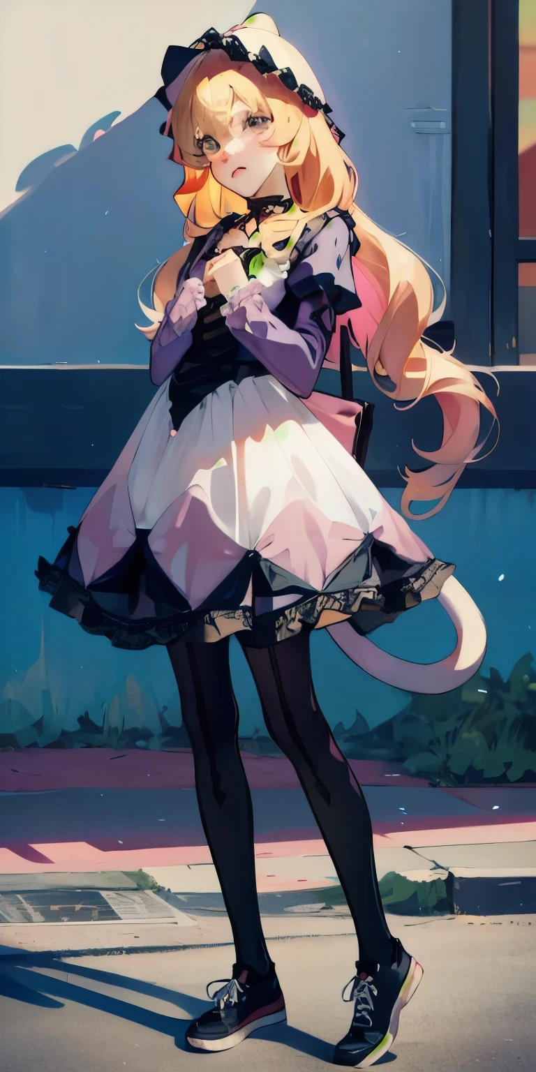 Superb detail, 8k photos, hyper-realism, professional light, realistic background, visual depth, background bokeh, wide angle lens, full body, (, cute, loli, flat cst, cat ears), 1girl, colored eyes, blonde hair, (Lolita fashion: 1.5), (lace, frilled shirt, white petticoat, sneakers), (plush toy), pink cute backpack, street, fashion