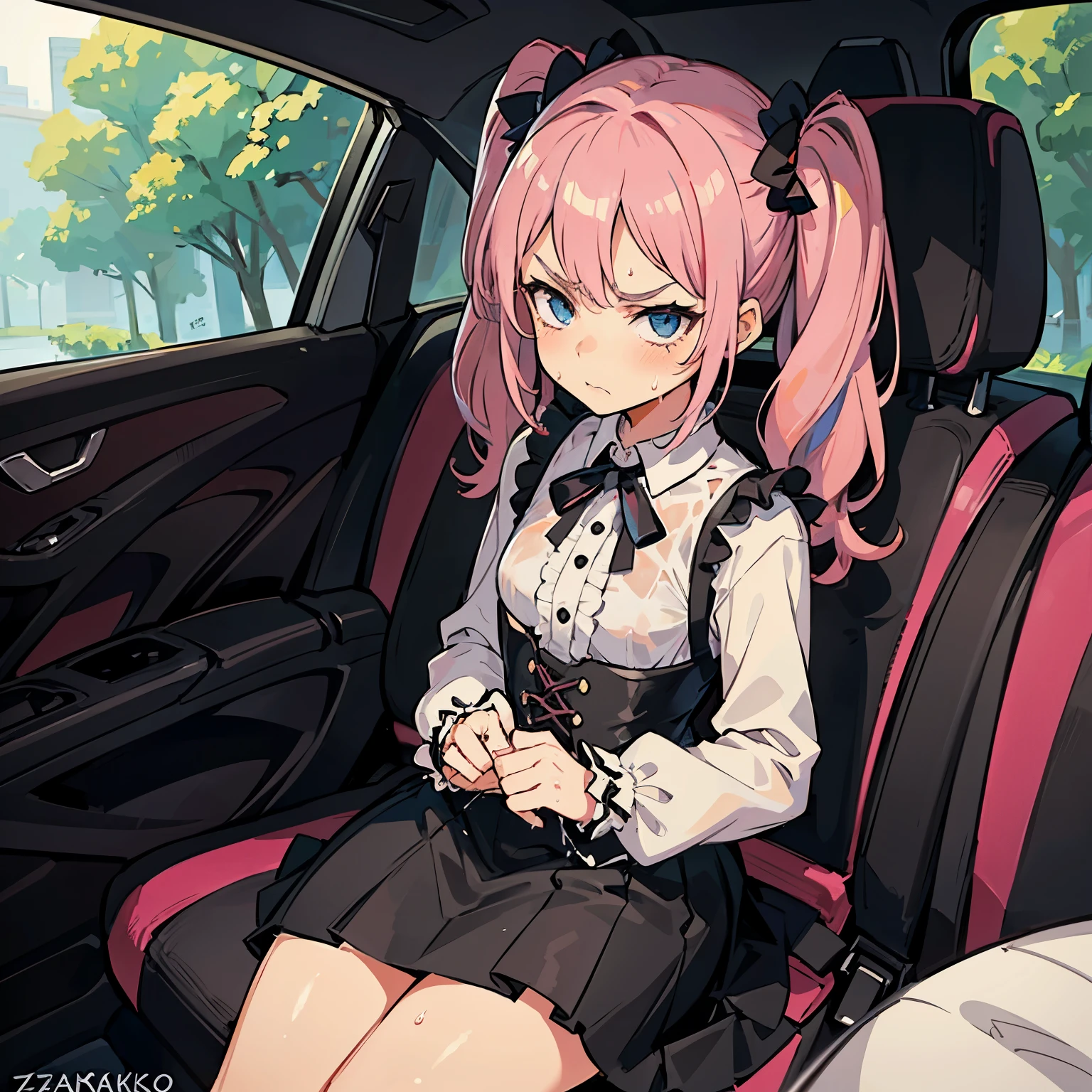 Girl with pink hair, long twin-tail hairstyle, small bushy eyebrows, dressed in gothic lolita outfit, lolicon (Zankuro) drawing style by zankuro artist, Zancrow style, image uploaded to R34, moving her skirt to show her wet vagina with semen, sitting inside a car, with an angry face and teary eyes