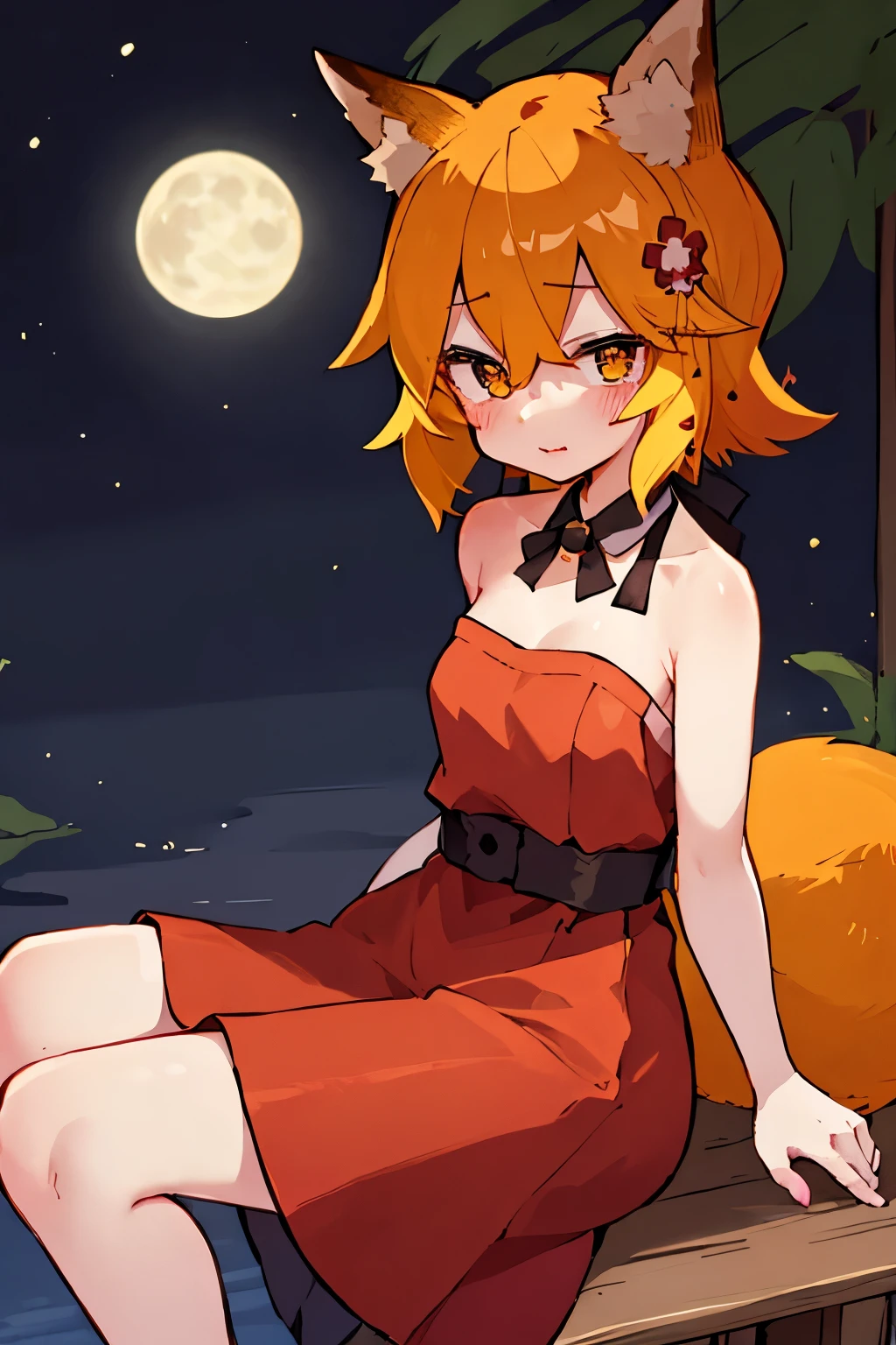 masterpiece, best quality, highly detailed, sen, animal ears, fox ears, fox girl, fox tail, hair flower, hair ornament, orange eyes, orange hair, short hair, tail, blush, looking at viewer, , girl, small breasts, detailed hands, keqing (opulent splendor) (genshin impact), official alternate costume, dress, night, strapless dress, looking at viewer, cleavage, black dress, strapless, bare shoulders, bangs, bow, detached collar, ribbon, double bun, two-tone dress, hair ornament, black bow, hair ribbon, blue dress, bowtie, sitting on bench
