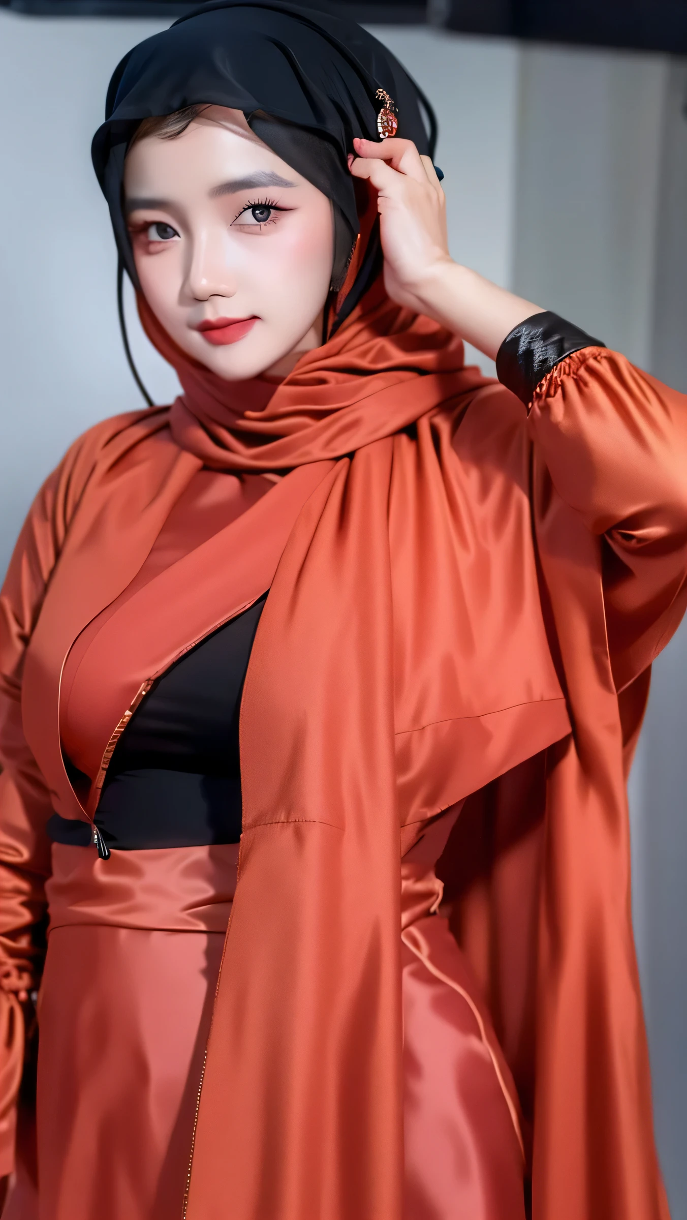 closeup photo, beautiful Indonesian woman, wearing a black pashmina hijab, natural makeup, red lips, wearing peach colored casual clothes, ring light and blur background, realistic, 8K, focus