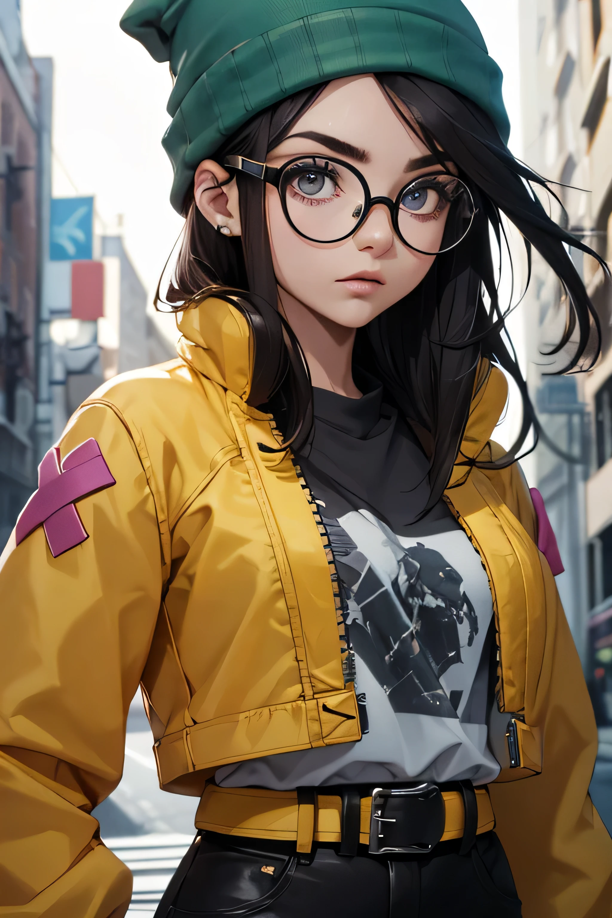 absurdres, high res, ultrasharp, 8K, {masterpiece}, expressive eyes, extremely detailed, best quality, perfect face, green beanie, round glasses, yellow jacket, grey shirt, belt, black pants, torn clothes, sneakers,