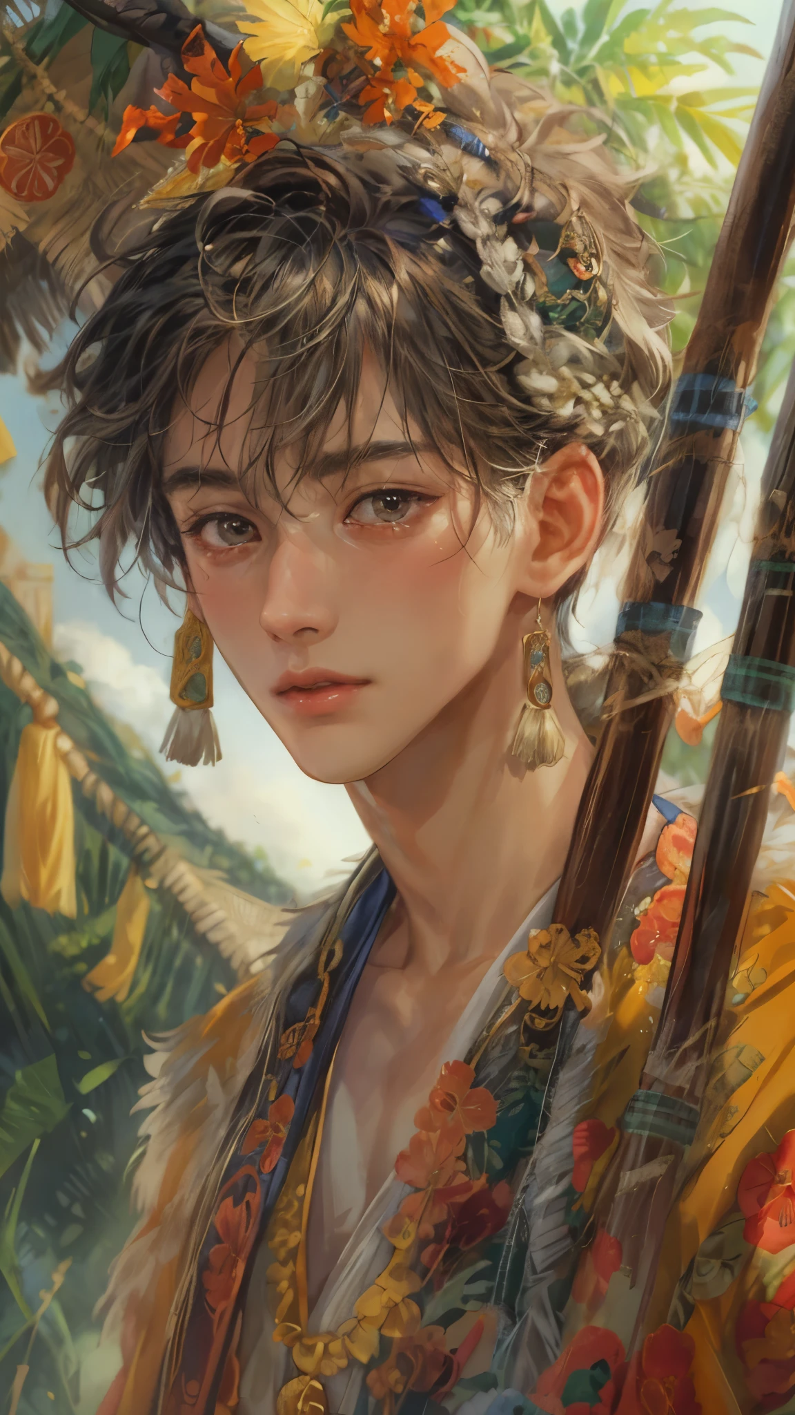 (masterpiece,best quality,ultra_detailed,highres,absurdres), close-up , perfect face, handsome boy, shorthair, ifugao teen, topless in Philippine ethnic costume, detailed festival in town scenery, scenery of town Philippines style, detailed character