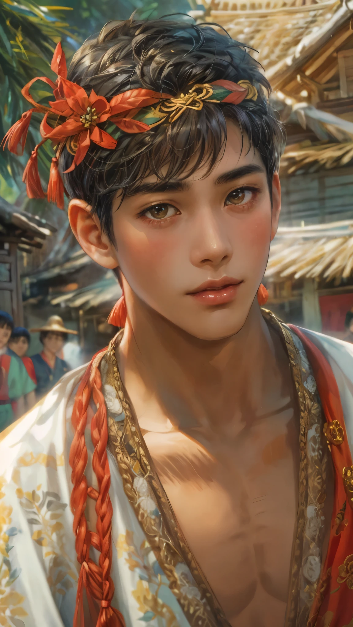 (masterpiece,best quality,ultra_detailed,highres,absurdres), close-up , perfect face, handsome boy, shorthair, ifugao teen, topless in Philippine ethnic costume, detailed festival in town scenery, scenery of town Philippines style, detailed character 