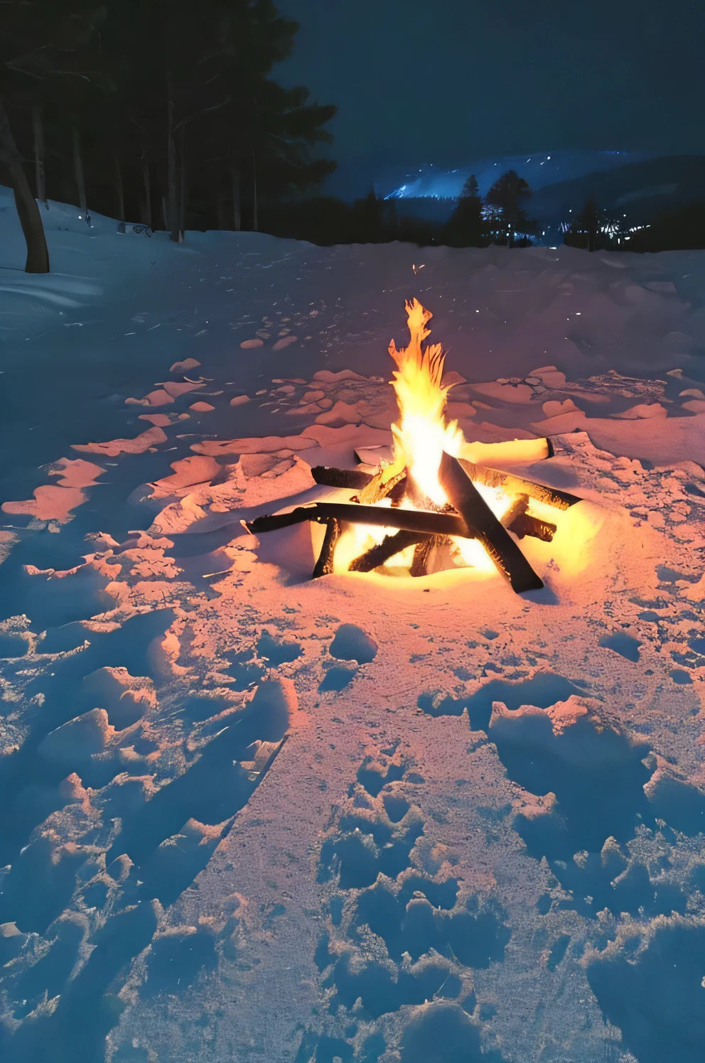 night、late winter season、on the snow、A small fire that's about to go out、5 burning trees、focused on fire、no need for mountains、clear pictures、looking at the fire from above