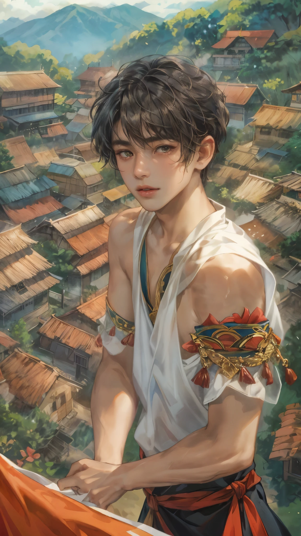(masterpiece,best quality,ultra_detailed,highres,absurdres), close-up , perfect face, handsome boy, shorthair, ifugao , topless in Philippine ethnic costume, detailed festival in town scenery, scenery of town Philippines style, detailed character 