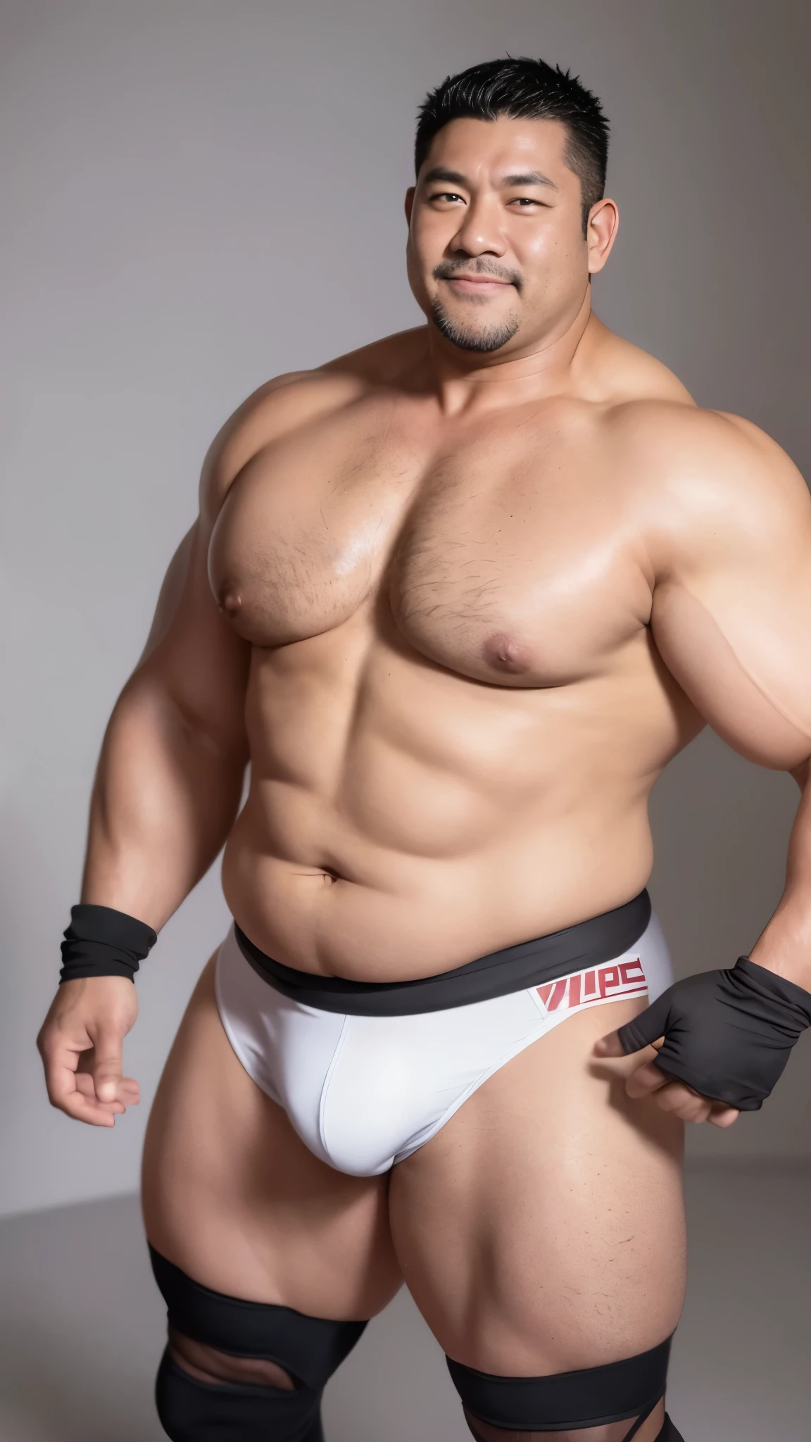 black hair, middle-aged man, individual, male, Muscular wrestler, muscular, Stout wrestler, Asian, Japanese, uncle, 55 year old middle-aged man, short hair, short hair, white wrestling boots, full body portrait, shadow, Vision, white briefs, obesity, 45 years old, short beard, middle-aged man, tattoo, fingerless gloves, Wheat skin, shiny skin, dark skin, Show your pectoral muscles, sumo wrestler, bodybuilder, wide temples, Visible abdominal muscles, Smile, Fine hands, solid color background, pure white background, Surrealism, Panorama, 8k, super detail，