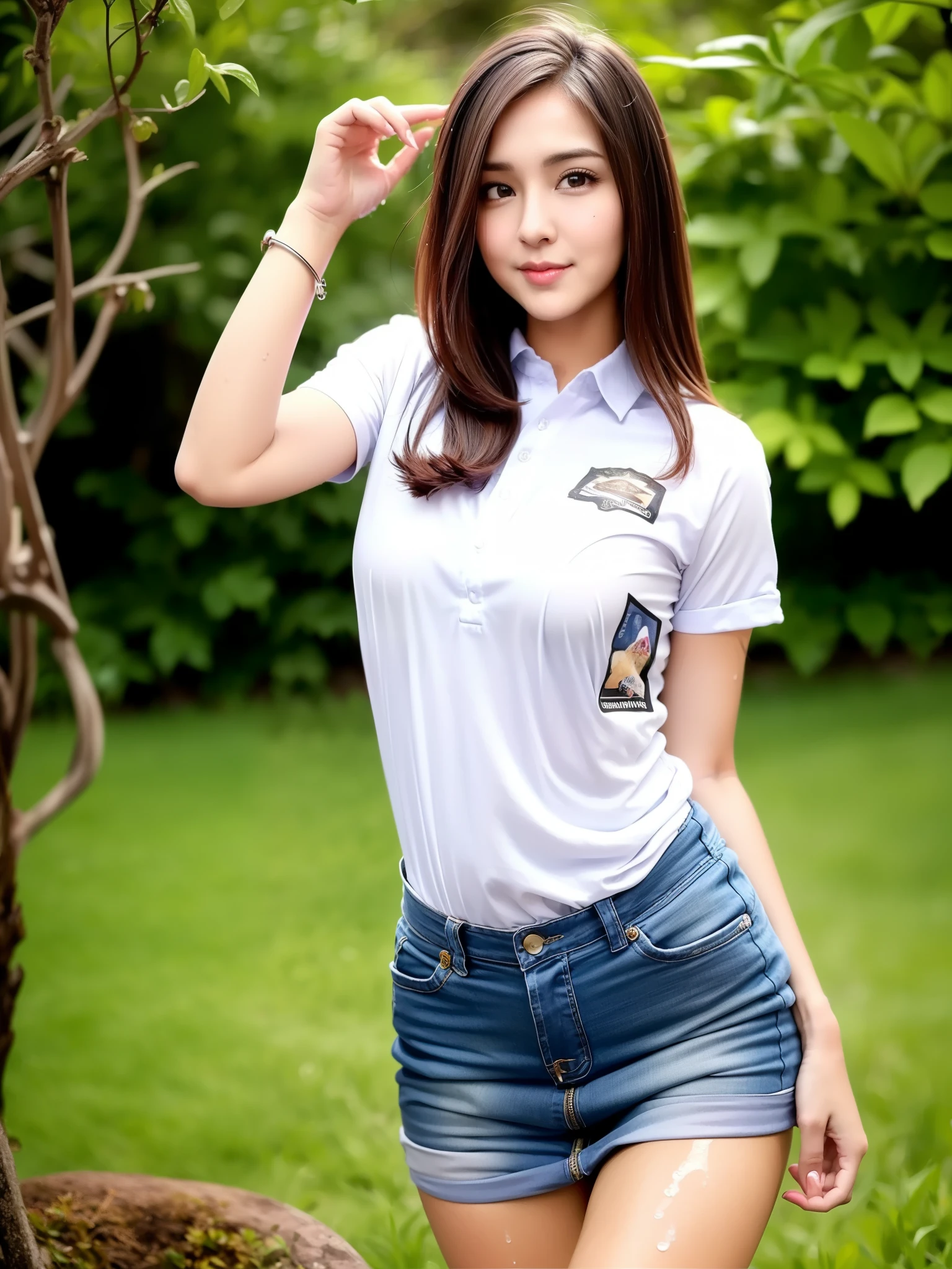 (hyperrealistic), (illustration), (high resolution), (8K), (extremely detailed), (best illustration), (beautiful detailed eyes), (best quality), (ultra-detailed), (masterpiece), (wallpaper), (photorealistic), (natural light), (detailed face), (high detailed realistic skin texture), (anatomically correct), (solo), (1 girl), (high detailed realistic hair), (caramel hair), (heterochromic eyes), (detailed eyes), (brown eyes), (sparkling eyes), (realistic big breasts), (slender abs), (dynamic pose), (closed tiny mouth), (concentrated expression), (upon body from head to thigh), (dimple), (a girl playing in the garden wearing wet clothes)