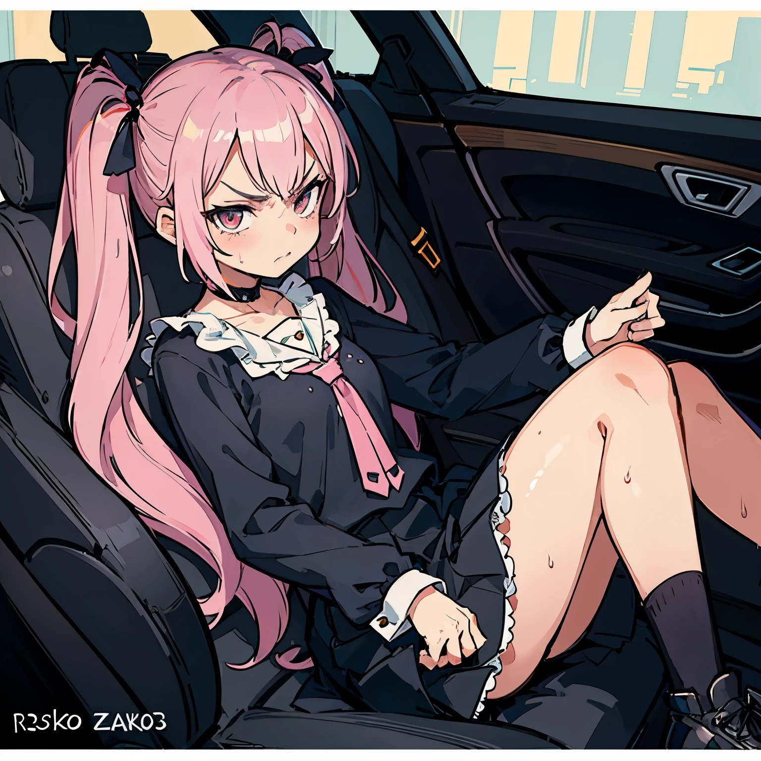 Girl with pink hair, long twin-tail hairstyle, small bushy eyebrows, dressed in gothic lolita outfit, lolicon (Zankuro) drawing style by zankuro artist, Zancrow style, image uploaded to R34, moving her skirt to show her wet vagina with semen, sitting inside a car, with an angry face and teary eyes