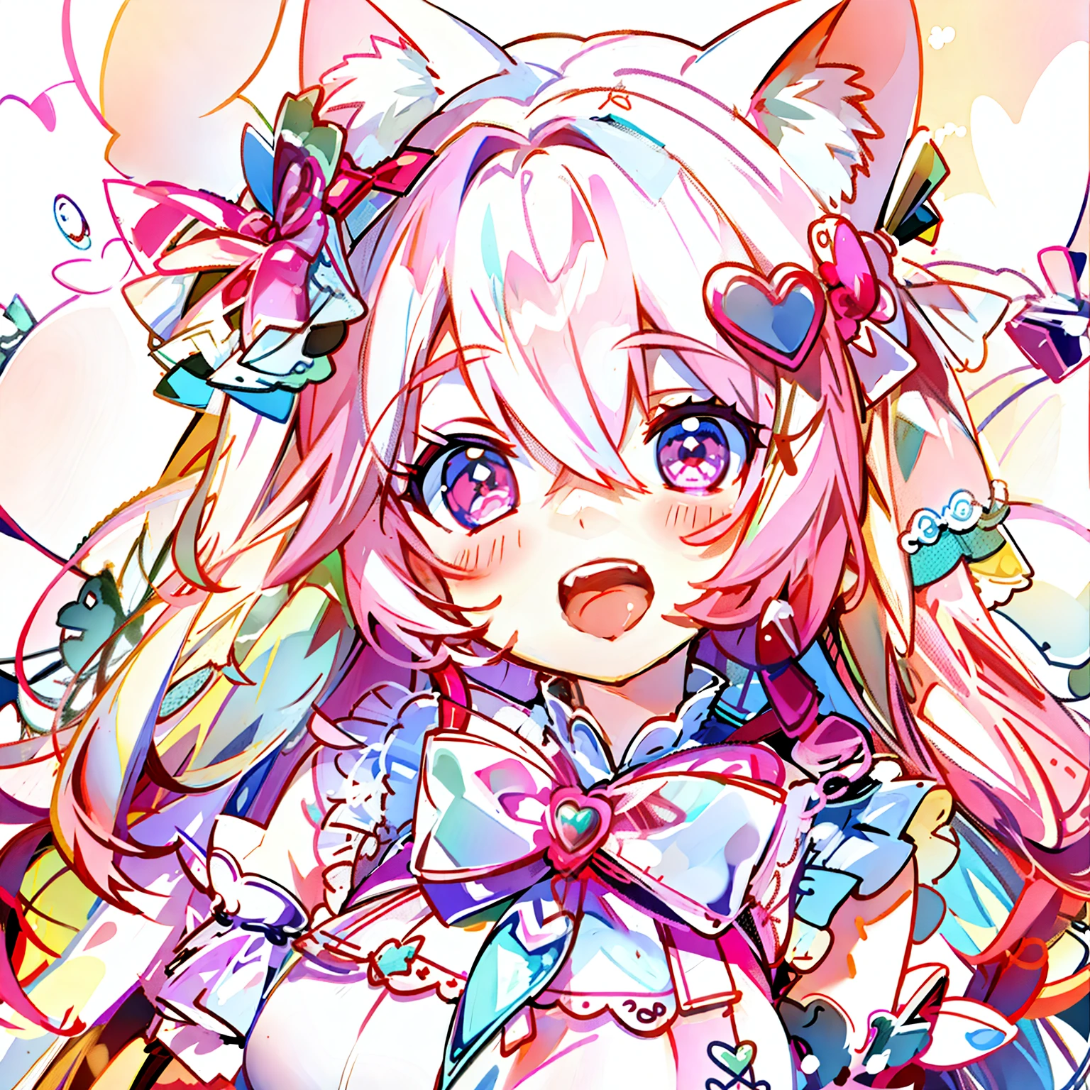 Masterpiece,Best quality, White background, (10:1girll), (10:One guy), Very long hair, White and pink hair , Love decoration , Multiple cyan and pink bows, White and pink pair of cat ears , Cyan eyes , Look straight ahead , love heart , Pink bow tie , White clothes , 5:Open mouth, 5:teeth