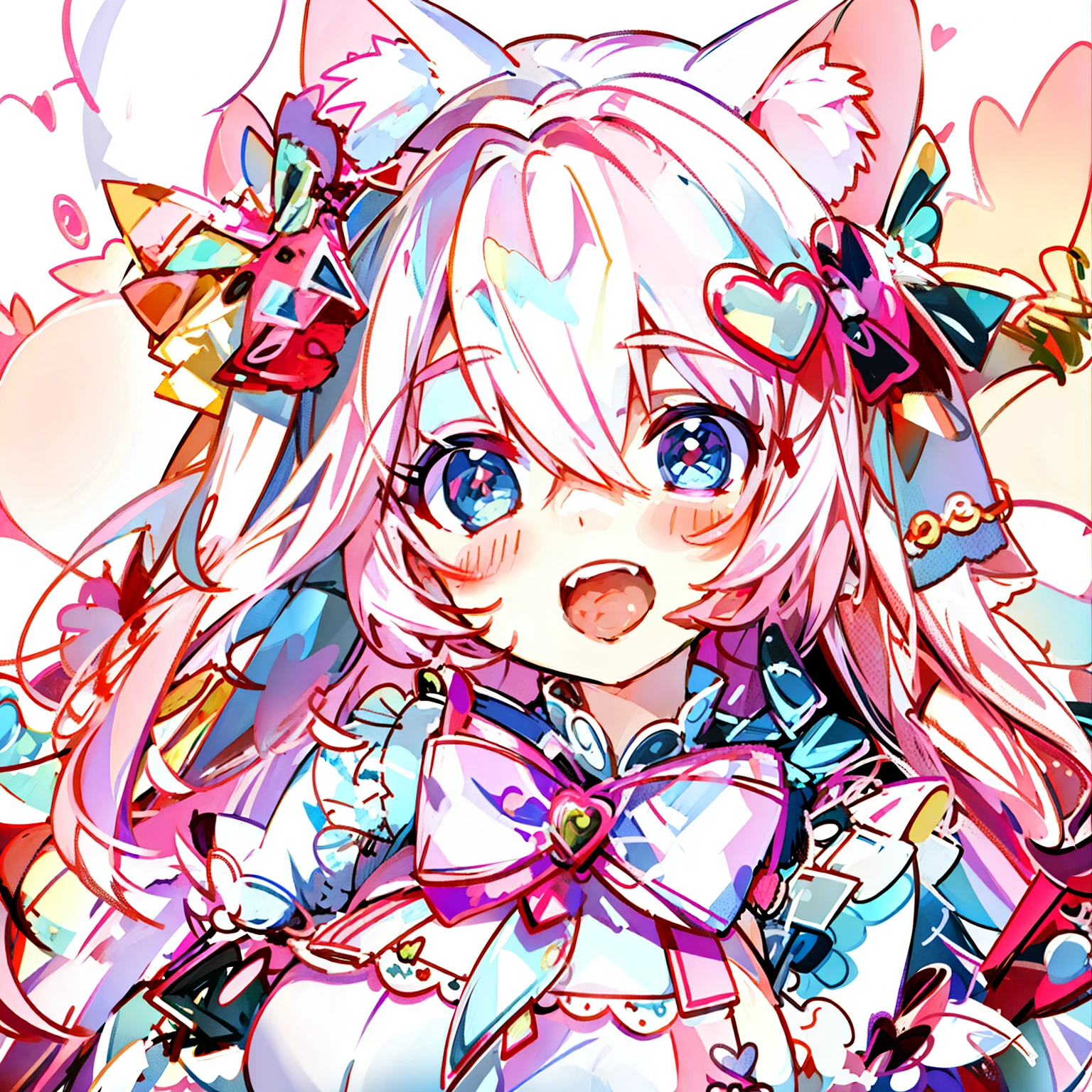 Masterpiece,Best quality, White background, (10:1girll), (10:One guy), Very long hair, White and pink hair , Love decoration , Multiple cyan and pink bows, White and pink pair of cat ears , Cyan eyes , Look straight ahead , love heart , Pink bow tie , White clothes , 5:Open mouth, 5:teeth