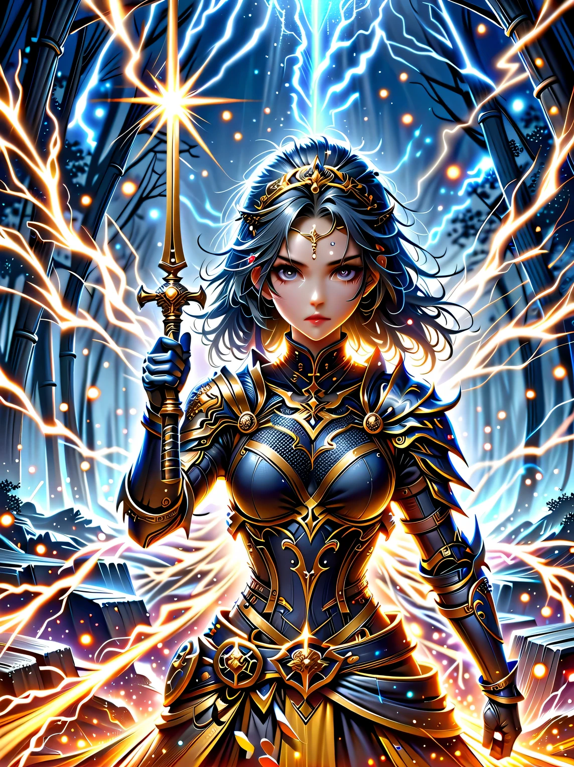 fantasy，forest scenery photo，Chinese martial arts style，Skin is moist and shiny，(Female warrior wearing pink and gold combat costume，Holding golden decoration and glowing long stick)，(In a dense bamboo forest，Forest trails，night，thunderstorm，heavily clouded，rainwater:1.2)，Chinese style，barbara(Genshin:0.5)，Elsa(Frozen:0.5)，(fine details:1.2)，black hair，wavy hairstyle，light，sad，brown eyes，Symmetrical facial features，Delicate hands，Exquisite fingers，Combat attire，(masterpiece:1.2)，(Epic composition:1.4)，(talent:1.2)，Super details，Highly detailed，Crazy details，(Realistic photos:1.2)，HDR，8K，Exquisite，sharp，grace，Dreamy bright colors，high quality，illustration，Vector graphic design，Chinese ink style