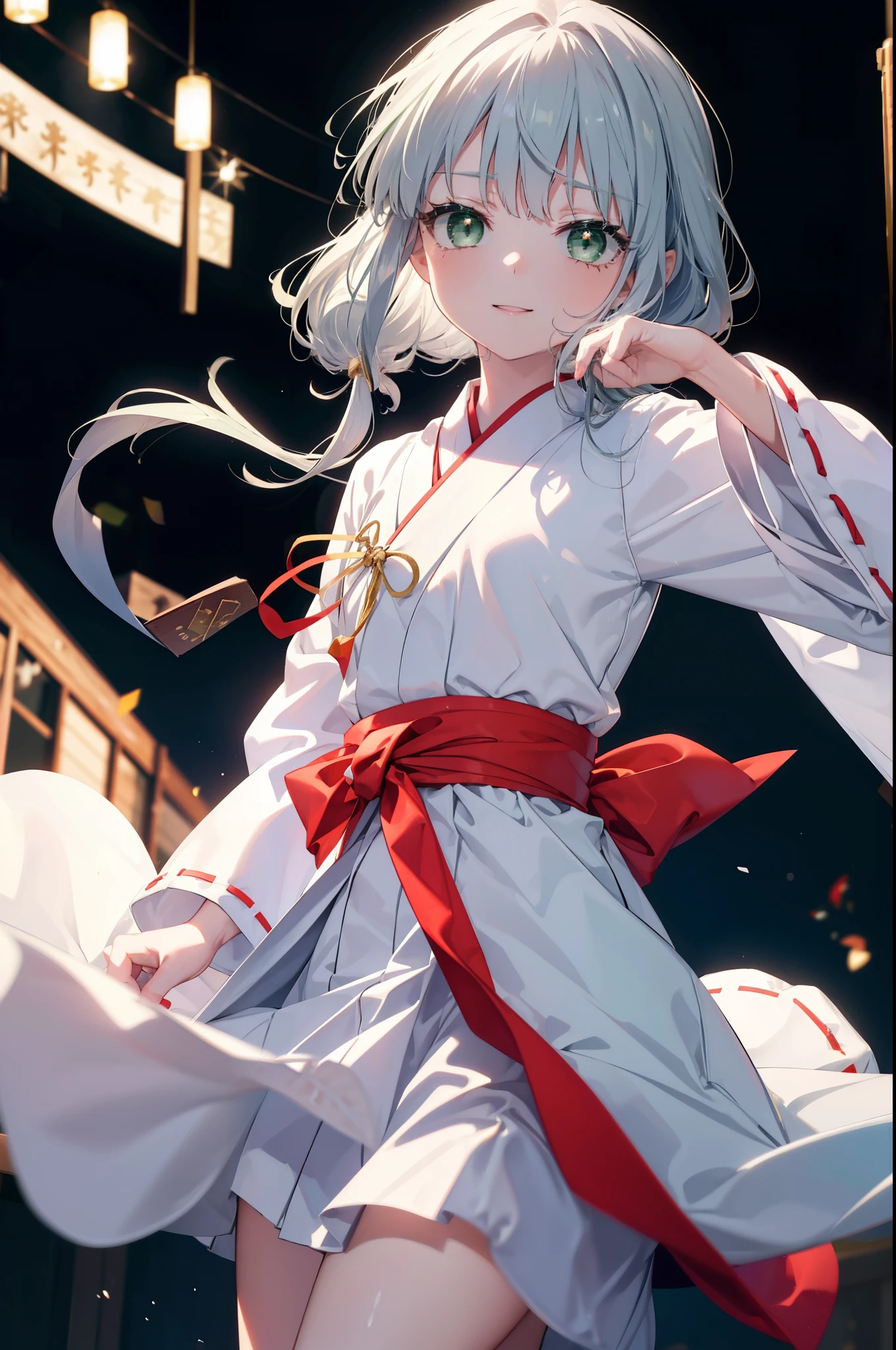 index, index, (green eyes:1.5), silver hair, long hair, (flat chest:1.2),Smile, smile, open your mouth,Platycodon,Miko,white kimono, red hakama,kimono, same as skirt, wide sleeve, long sleeve, ribbon trim sleeves, low ponytail, noon,sunny,Viewer looks at a tray with a bunch of hamburgers on the table., Are standing,
break looking at viewer, Upper body, whole body,
break outdoors, hamburger shop,
break (masterpiece:1.2), highest quality, High resolution, unity 8k wallpaper, (figure:0.8), (detailed and beautiful eyes:1.6), highly detailed face, perfect lighting, Very detailed CG, (perfect hands, perfect anatomy),
