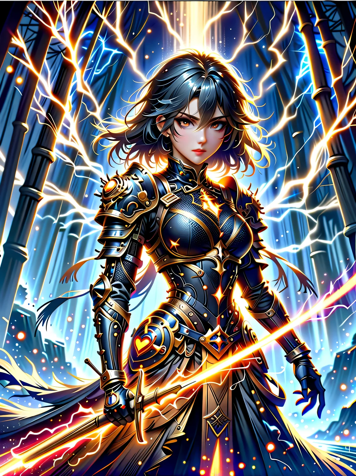 fantasy，forest scenery photo，Chinese martial arts style，Skin is moist and shiny，(Female warrior wearing pink and gold combat costume，Holding golden decoration and glowing long stick)，(In a dense bamboo forest，Forest trails，night，thunderstorm，heavily clouded，rainwater:1.2)，Chinese style，barbara(Genshin:0.5)，Elsa(Frozen:0.5)，(fine details:1.2)，black hair，wavy hairstyle，light，sad，brown eyes，Symmetrical facial features，Delicate hands，Exquisite fingers，Combat attire，(masterpiece:1.2)，(Epic composition:1.4)，(talent:1.2)，Super details，Highly detailed，Crazy details，(Realistic photos:1.2)，HDR，8K，Exquisite，sharp，grace，Dreamy bright colors，high quality，illustration，Vector graphic design，Chinese ink style