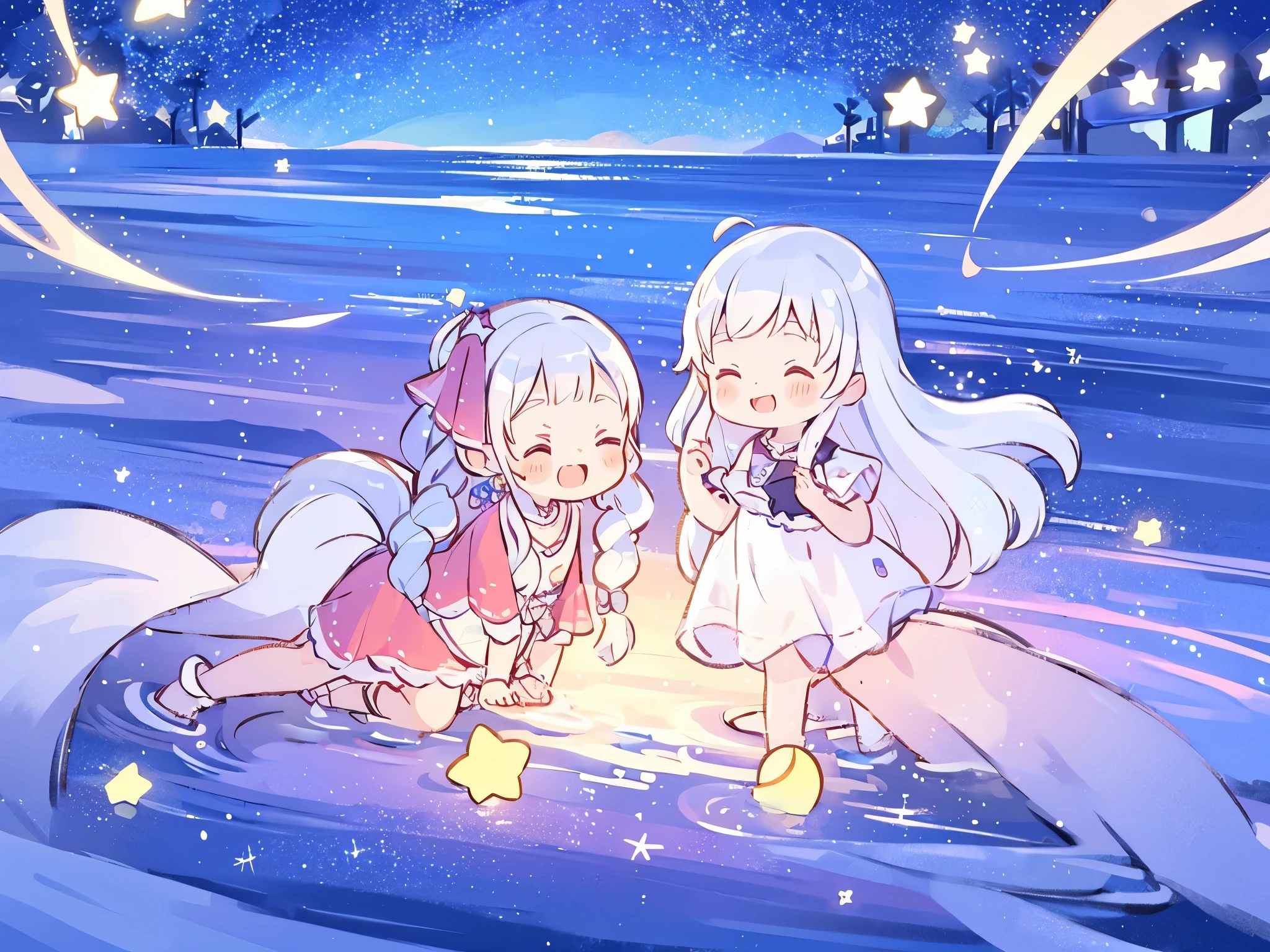 an ocean of stars, night sky, colorful, ethereal, charming girl in a white sheer babydoll dress, white hair, walking on the water, Her smile was filled with tenderness and joy, a giant crescent goldenmoon sitting on the water in the background, (((((((stars))))))