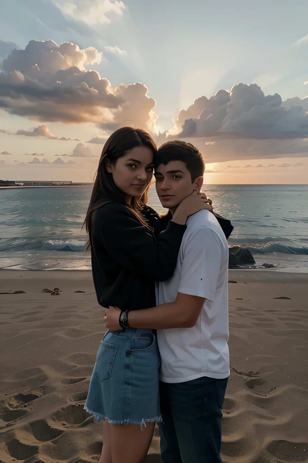 Make a teenage couple with the boy asking her to be his girlfriend in front of a sunset