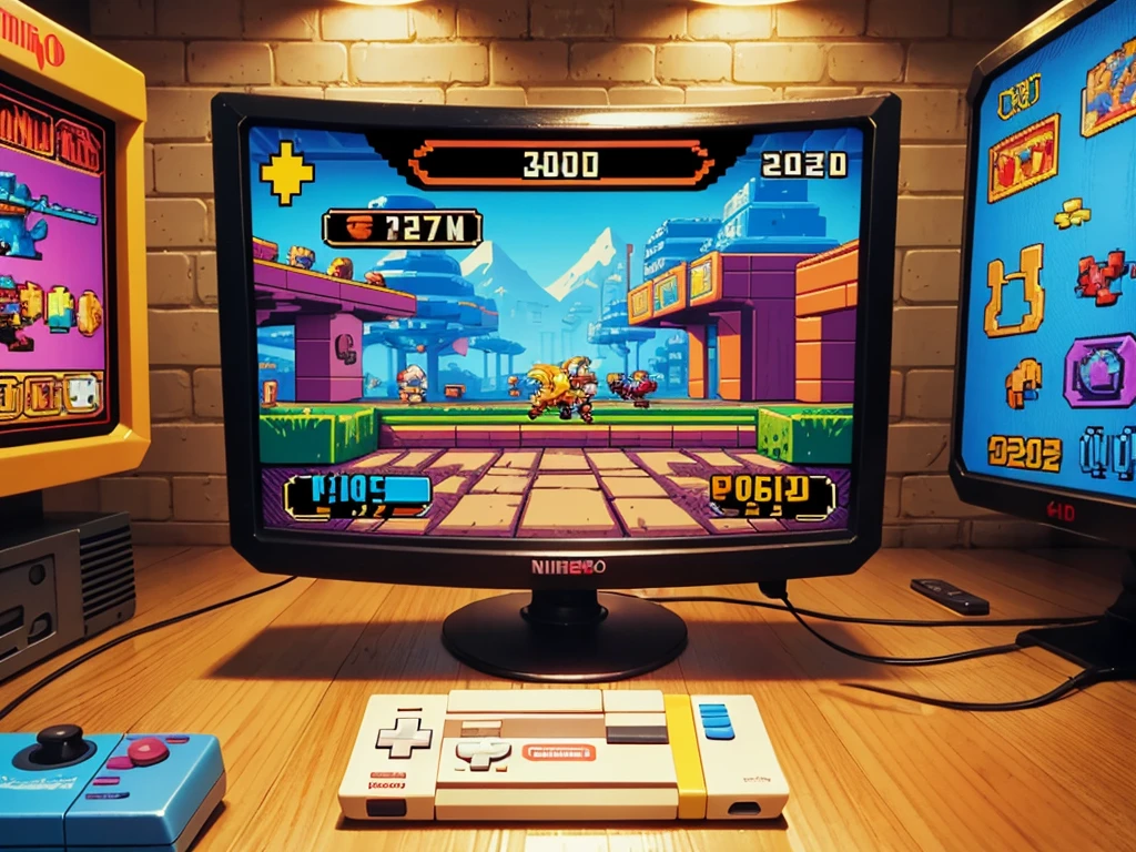 (best quality,4k,8k,highres,masterpiece:1.2),bright and vibrant colors,playful nostalgia,retro game console,happy characters,jumping platformers,8-bit pixel art,charming animations,vintage gaming experience,Nintendo Entertainment System (NES),arcade cabinets,old-school joystick,retro sound effects and music,iconic game cartridges,high score challenge,classic gaming controllers,2D side-scrolling action,addictive gameplay,speedrunners,game over screen,bonus levels,longevity and replayability,retro gaming culture,old CRT TV screen effect,vintage game box art,detailed pixel sprites,retro game tournaments,cosplay as game characters,retro gaming conventions,retro gaming collectibles,retro gaming influencers,retro game developers,gaming nostalgia,retro game merchandise,retro game reviews,competitive multiplayer,hidden game secrets,retro gaming achievements,legendary game franchises