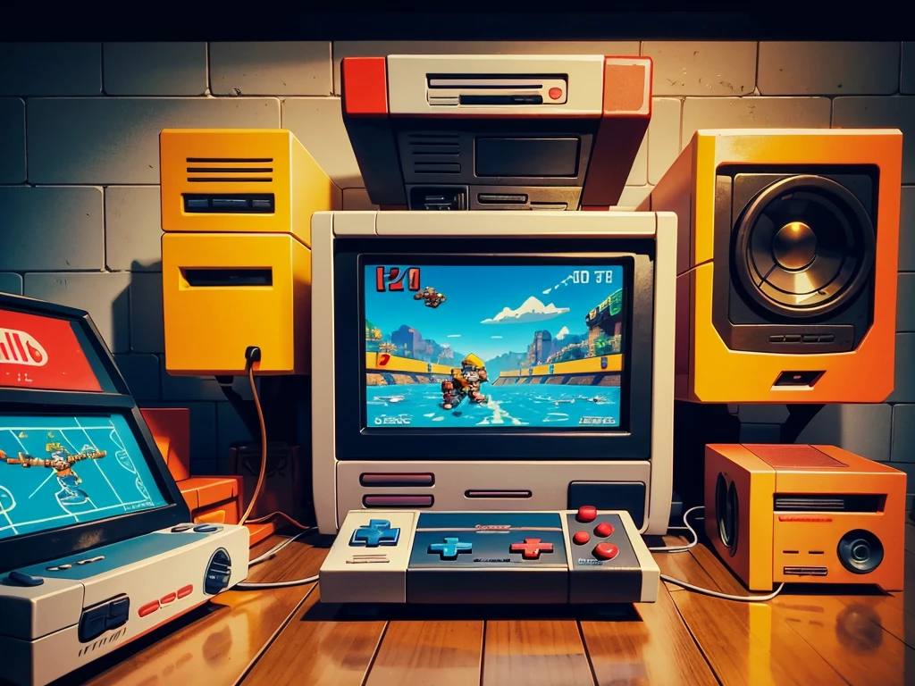 (best quality,4k,8k,highres,masterpiece:1.2),bright and vibrant colors,playful nostalgia,retro game console,happy characters,jumping platformers,8-bit pixel art,charming animations,vintage gaming experience,Nintendo Entertainment System (NES),arcade cabinets,old-school joystick,retro sound effects and music,iconic game cartridges,high score challenge,classic gaming controllers,2D side-scrolling action,addictive gameplay,speedrunners,game over screen,bonus levels,longevity and replayability,retro gaming culture,old CRT TV screen effect,vintage game box art,detailed pixel sprites,retro game tournaments,cosplay as game characters,retro gaming conventions,retro gaming collectibles,retro gaming influencers,retro game developers,gaming nostalgia,retro game merchandise,retro game reviews,competitive multiplayer,hidden game secrets,retro gaming achievements,legendary game franchises
