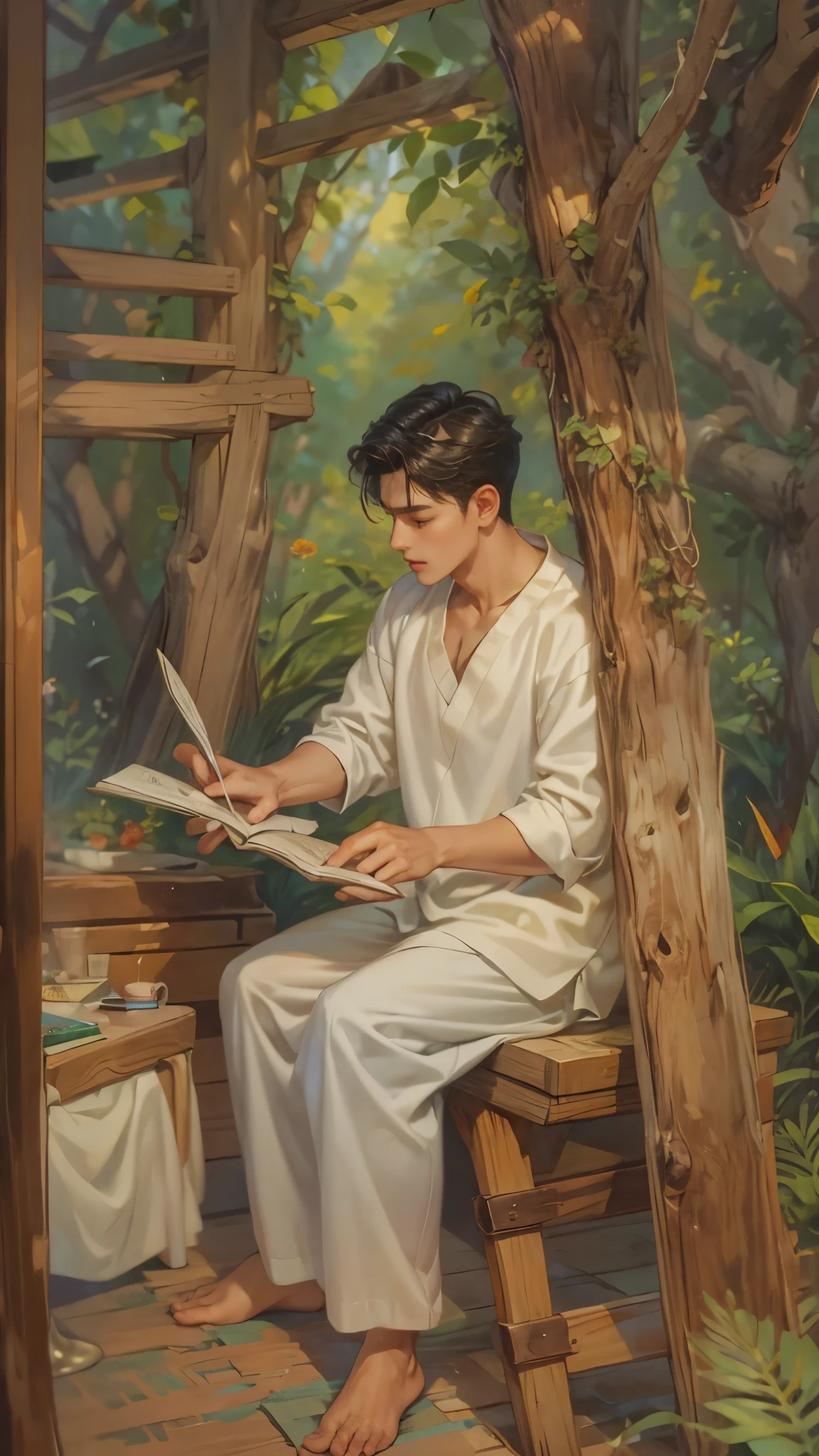 ((Best quality)), ((masterpiece)), (detailed), ((perfect face)), ((halfbody)) handsome young artist, filipino guy engaging in various activities topless within his cozy home nestled in a serene forest. Capture moments of his daily life, such as painting, reading, playing a musical instrument, or enjoying a cup of tea, as he explores his creativity and self-discovery, all while surrounded by the warmth and comfort of his sanctuary