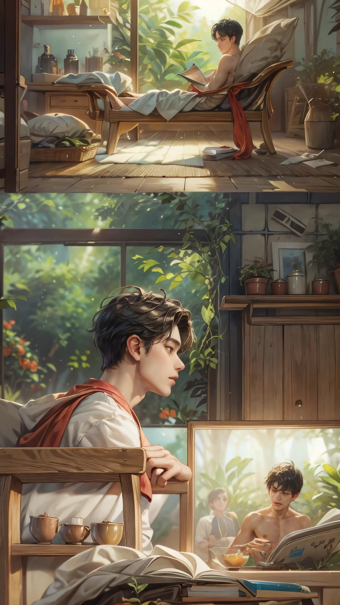 ((Best quality)), ((masterpiece)), (detailed), ((perfect face)), ((halfbody)) handsome young artist, filipino guy engaging in various activities topless within his cozy home nestled in a serene forest. Capture moments of his daily life, such as painting, reading, playing a musical instrument, or enjoying a cup of tea, as he explores his creativity and self-discovery, all while surrounded by the warmth and comfort of his sanctuary