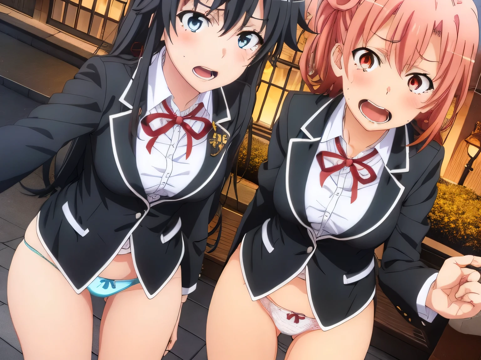 2 girls , Yukinoshita Yukino , yuigahama yui&#39;great bust and hips, waltz dance , rotate,uniform,black blazer,white shirt,ribbon,white lace panties,Light pink lace panties,(pussy line:1.0),thighs,high angle,look at the camera,(I&#39;I&#39;I&#39;m embarrassed and blushing),crying face,lowered eyebrows,Sweat,downtown at night