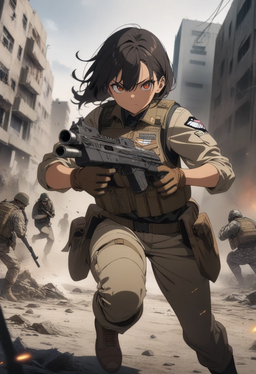 1girl, solo, masterpiece), (best quality), anime art style, anime illustration, super detailed, high dynamic range, depth of field, (colorful), The artwork is ultra-detailed, Theme is original, gritty, and full of modern warfare elements. Filipino woman, 26 years old, tanned bronze skin, amber eyes, (Wearing: USA marine corps uniform, camouflage military uniform, bullet proof vest, pants, utility belt, armor, boots and gloves), holding and aiming a pistol, closed mouth, looking at viewer, hair between eyes, dynamic pose, fighting on the battlefield, outdoors, warzone, ruined city background, serious face, full body shot, masterpiece, best quality, anime aesthetic, gritty tone, absurdres
