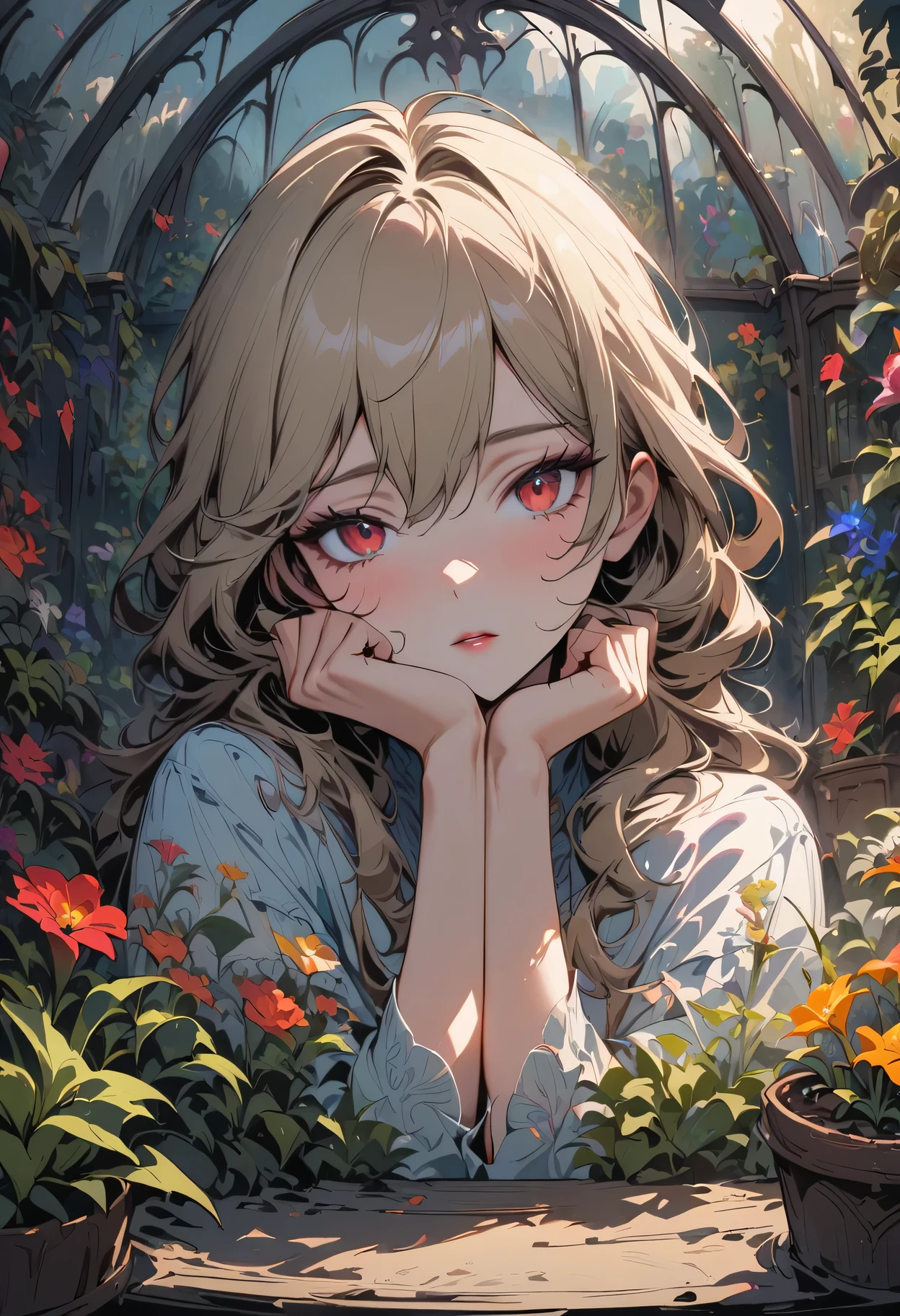 extremely delicate and beautiful, Astonishing, fine details, masterpiece, Super detailed, high resolution,Best Illustration, best shadow,complex,sharp focus, high quality, 1 female, alone, blond. Red eyes, Kavi Genshin Impact, glass greenhouse, flowers in pot, flowers for sale, There are flowers everywhere