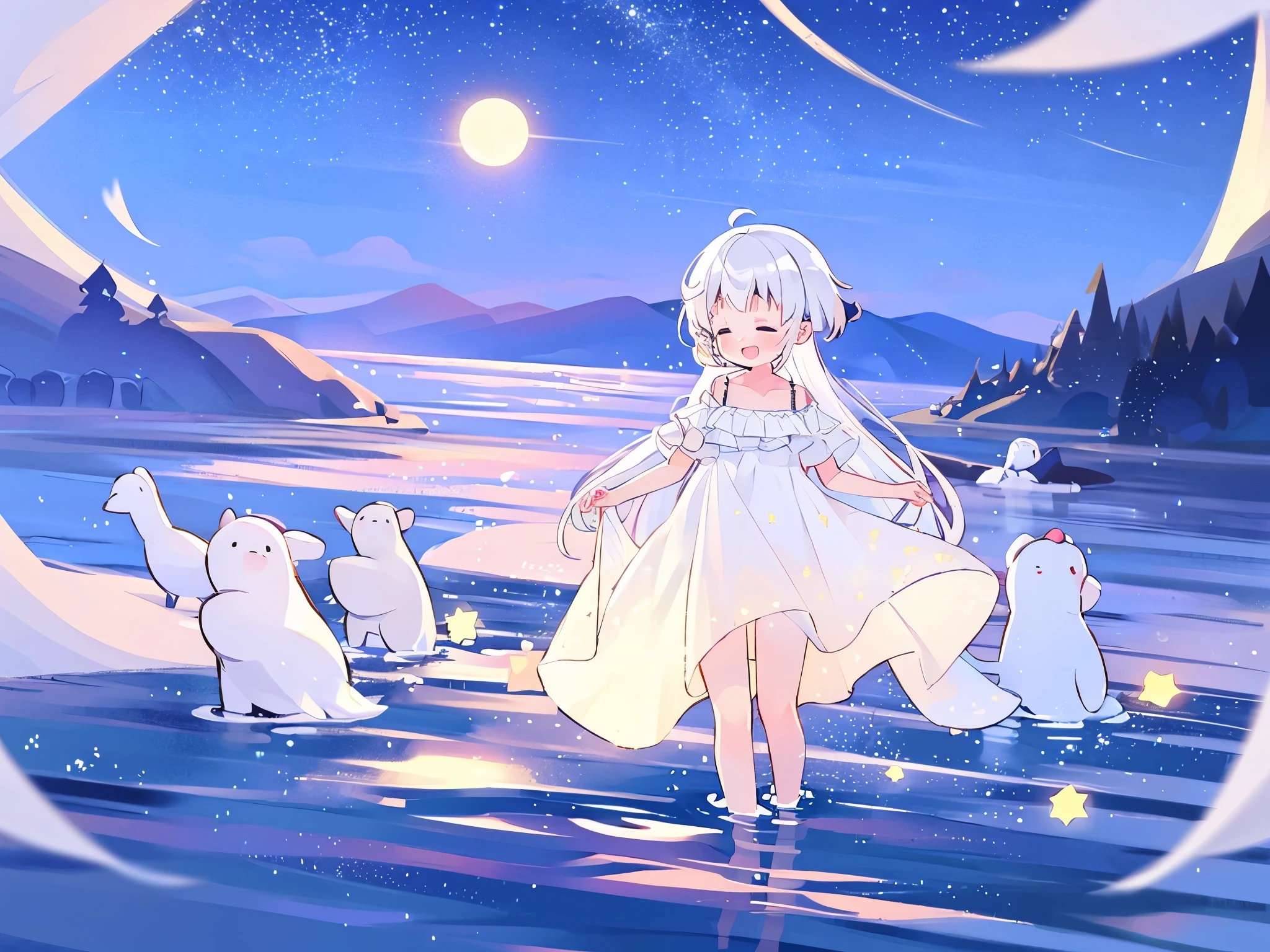 an ocean of stars, night sky, colorful, ethereal, charming girl in a white sheer babydoll dress, white hair, walking on the water, Her smile was filled with tenderness and joy, a giant crescent goldenmoon sitting on the water in the background, (((((((stars))))))