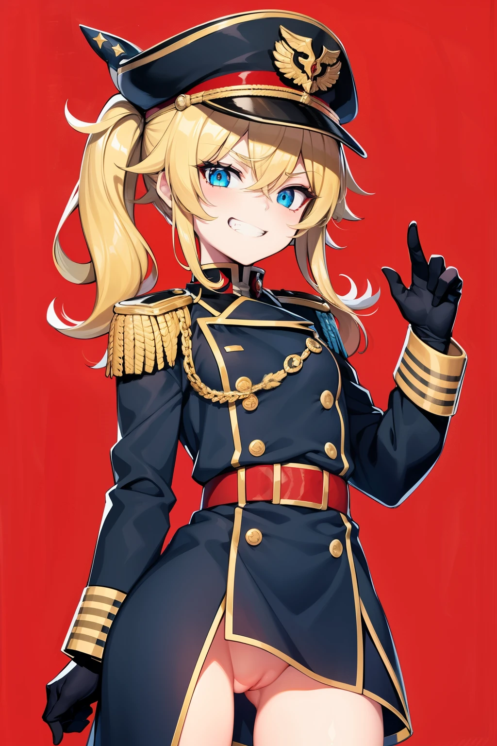 cute, small, short, flat, masterpiece, detailed, high quality, absurdres, Tanya Degurechaff, 1girl, solo, evil grin, curvy, military, military uniform, pussy peak, no panties