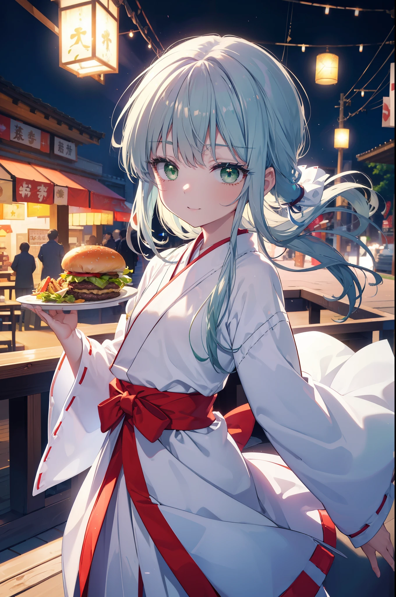 index, index, (green eyes:1.5), silver hair, long hair, (flat chest:1.2),Smile, smile, open your mouth,Platycodon,Miko,white kimono, red hakama,kimono, same as skirt, wide sleeve, long sleeve, ribbon trim sleeves, low ponytail, noon,sunny,Viewer looks at a tray with a bunch of hamburgers on the table., Are standing, 
break looking at viewer, Upper body, whole body,
break outdoors, hamburger shop,
break (masterpiece:1.2), highest quality, High resolution, unity 8k wallpaper, (figure:0.8), (detailed and beautiful eyes:1.6), highly detailed face, perfect lighting, Very detailed CG, (perfect hands, perfect anatomy),