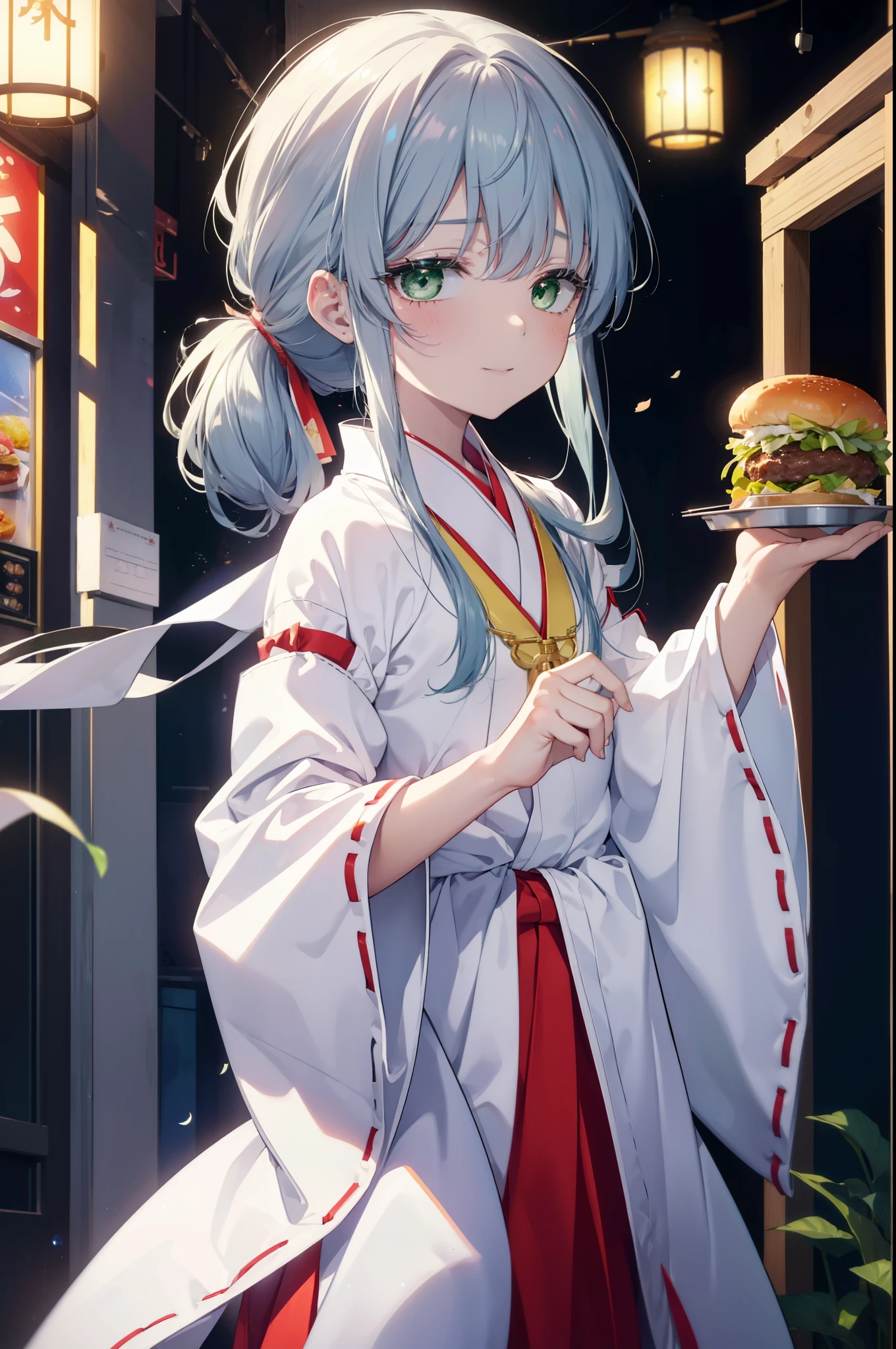 index, index, (green eyes:1.5), silver hair, long hair, (flat chest:1.2),Smile, smile, open your mouth,Platycodon,Miko,white kimono, red hakama,kimono, same as skirt, wide sleeve, long sleeve, ribbon trim sleeves, low ponytail, noon,sunny,Viewer looks at a tray with a bunch of hamburgers on the table., Are standing, 
break looking at viewer, Upper body, whole body,
break outdoors, hamburger shop,
break (masterpiece:1.2), highest quality, High resolution, unity 8k wallpaper, (figure:0.8), (detailed and beautiful eyes:1.6), highly detailed face, perfect lighting, Very detailed CG, (perfect hands, perfect anatomy),