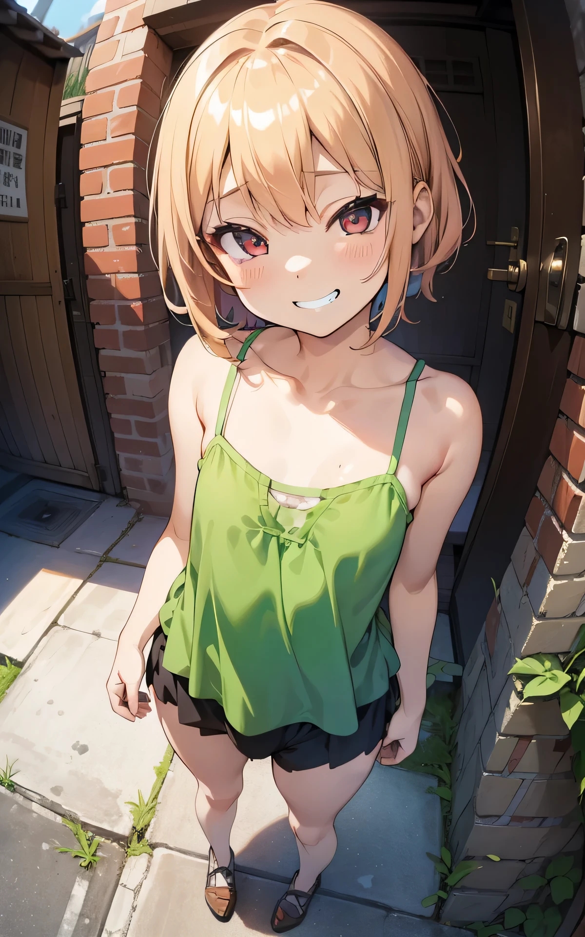 realisticlying,flat color, anime coloring, extremely detailed CG、high resolution、absurderes、detailed background:1.3、1 girl、、(short stature、shiny skin、 small breasts、camisole、, portrait:1.5、fisheye lens、back alley background、grin), outdoor