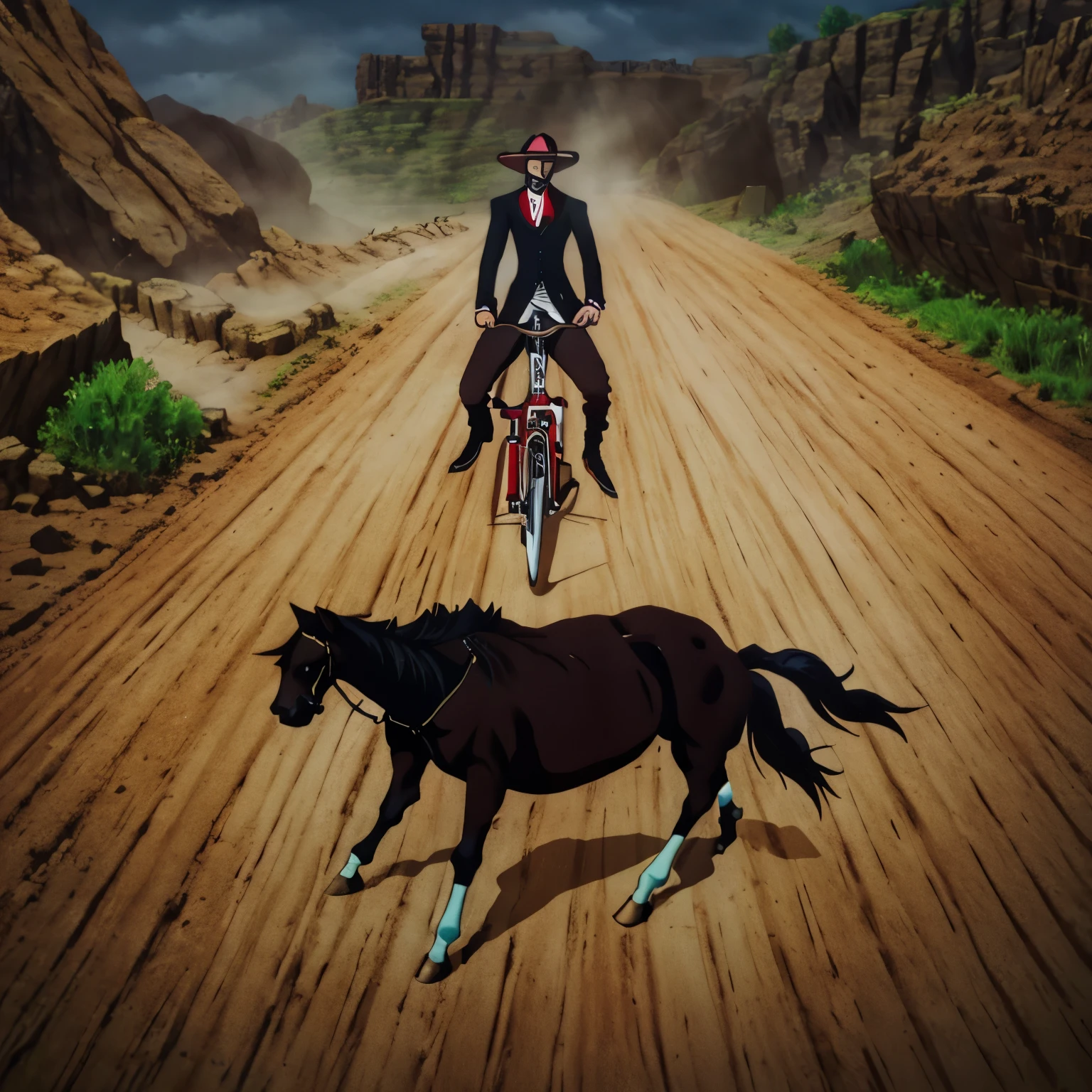 Strongly built gentleman riding a horse, boy riding a bicycle next to the horse .